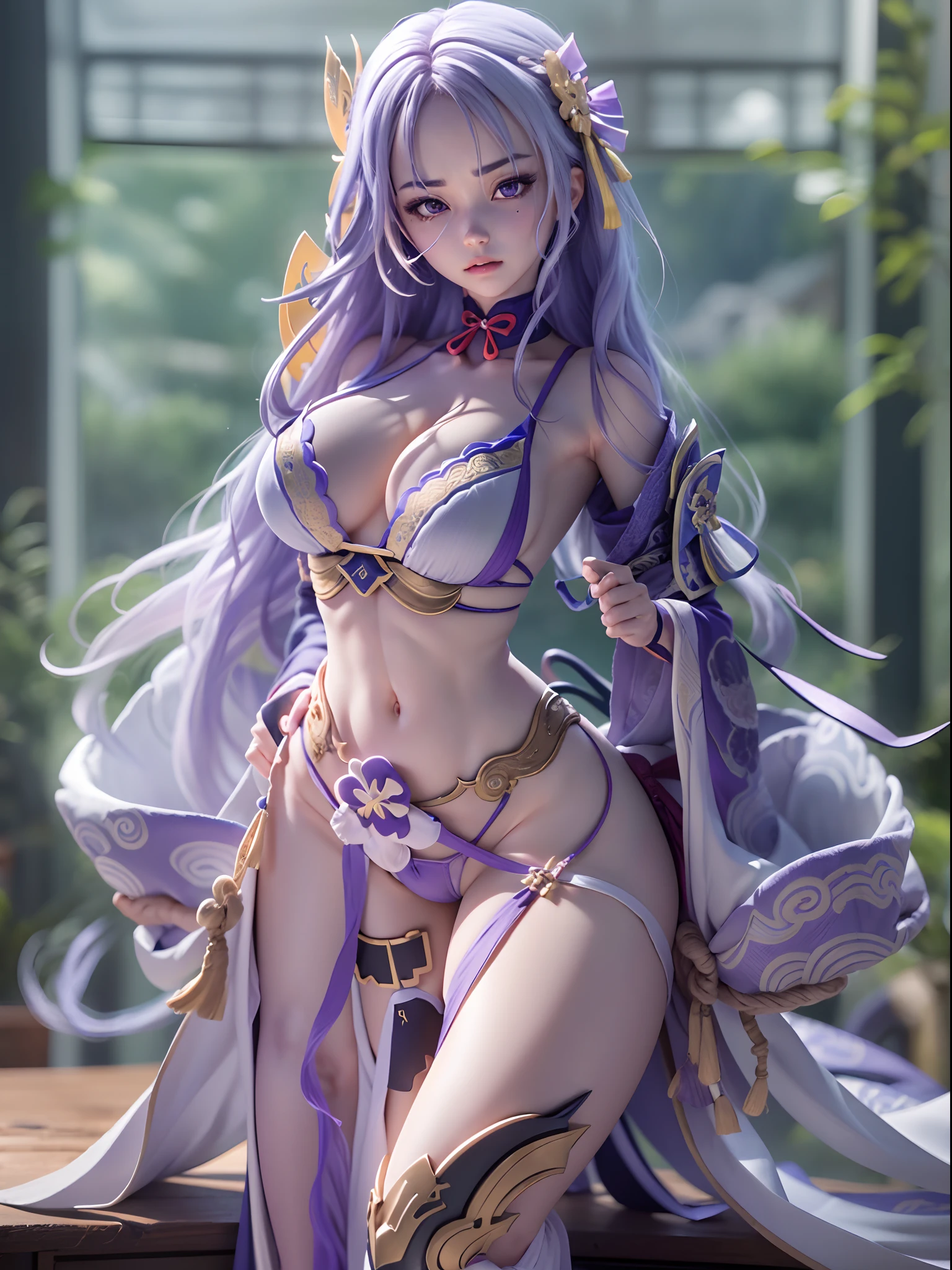 (Blind box toy style:1.2), ((Full body photo:1.5)) , 1 masterpiece, ((anatomy correct:1.4)),Best quality,,(((Raiden Shogun))) (Genshin Impact), long whitr hair,Purple braid, 1 girl solo, Slim little kimono,Purple stockings,The clothes slipped off the shoulders,Expose the upper part of the chest, dreamy glow, Clean, Purple clean background ( Global illumination, Ray traching, hdr, unreal render,reasonable design, high detal, Masterpiece, Best quality, hyper HD, Cinematic lighting)