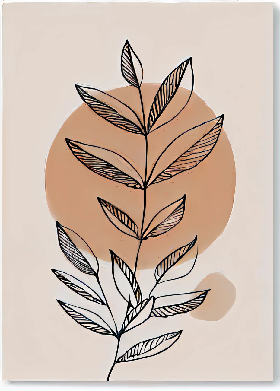 um desenho de uma planta com folhas em um fundo bege, desenho de linha minimalista, botanical poster, Arte de linha minimalista abstrata, arte de linha minimalista, one-line art printing, minimal outlines, minimalistic illustration, canvas art print, linhas simples, contornos suaves, folhas e videiras, botanical printing, crescimento floral, linhas suaves, vida vegetal detalhada, folhas nos galhos, desenho de linha grossa