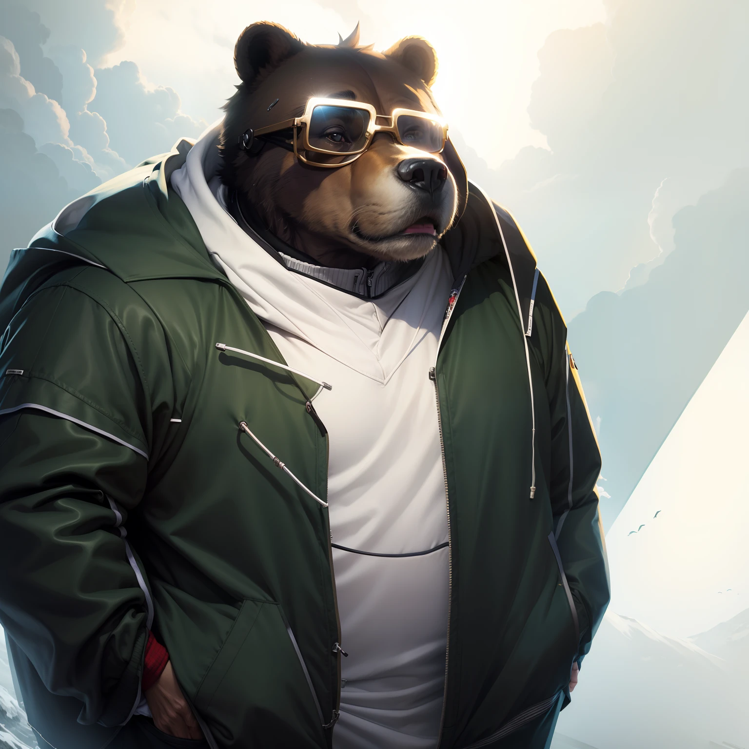 masterpiece、top-quality、Uncle the Bear、eye glasses、parka、The front of the hoodie is open、My hands are in my pockets.