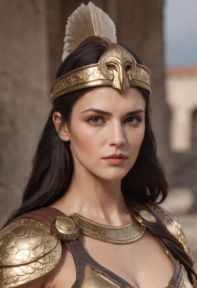 Greek goddess of war and wisdom, with ((black hair)) and ((gray eyes)), is fair-skinned, is tall and musclar, ((wears golden breastplate armor)), ((puts on an ancient greek helmet)), armed with a spear and a shield, looks brave and proud and beautiful, an owl perches on her shoulder, Greek mythology, mythic war, photorealistic, super high quality, super detail, ultra-accurate description of hands, masterpiece, 8K, HDR