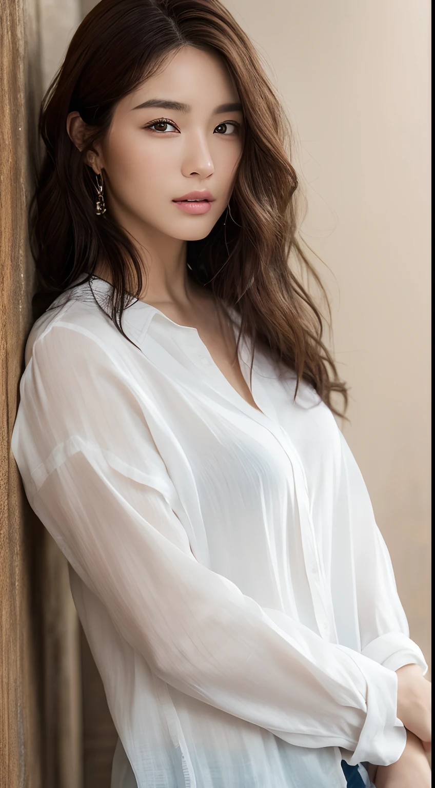 ((top-quality、8K、masterpiece:1.3))、Crisp focus:1.2、Beautiful Women in Perfect Style:1.4、Facing to the side:1.2、full body1.2((dark brown hair、Model body type:1.2))、Standing leaning against the wall、(White button shirt:1.1)、White wall background:1.2、curly hair、Highly detailed facial and skin texture、A detailed eye、二重まぶた