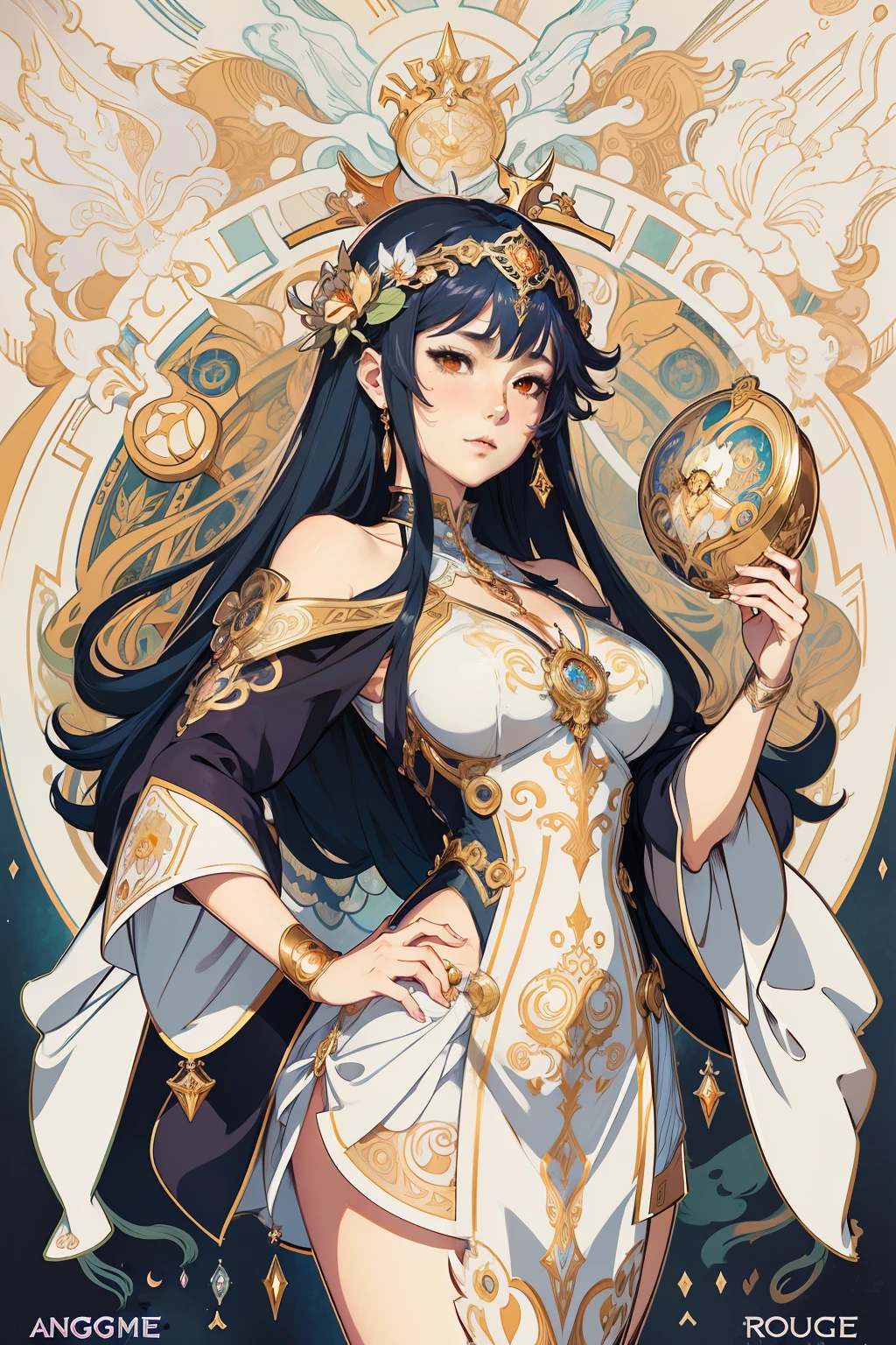 arafed image of a woman with a clock in her hands, alphonse mucha and rossdraws, mucha style 4k, artgerm mucha, korean art nouveau anime, portrait knights of zodiac girl, goddess. extremely high detail, anime fantasy illustration, detailed digital anime art, gorgeous goddess of leo, anime art nouveau, talor liner, stick liner.