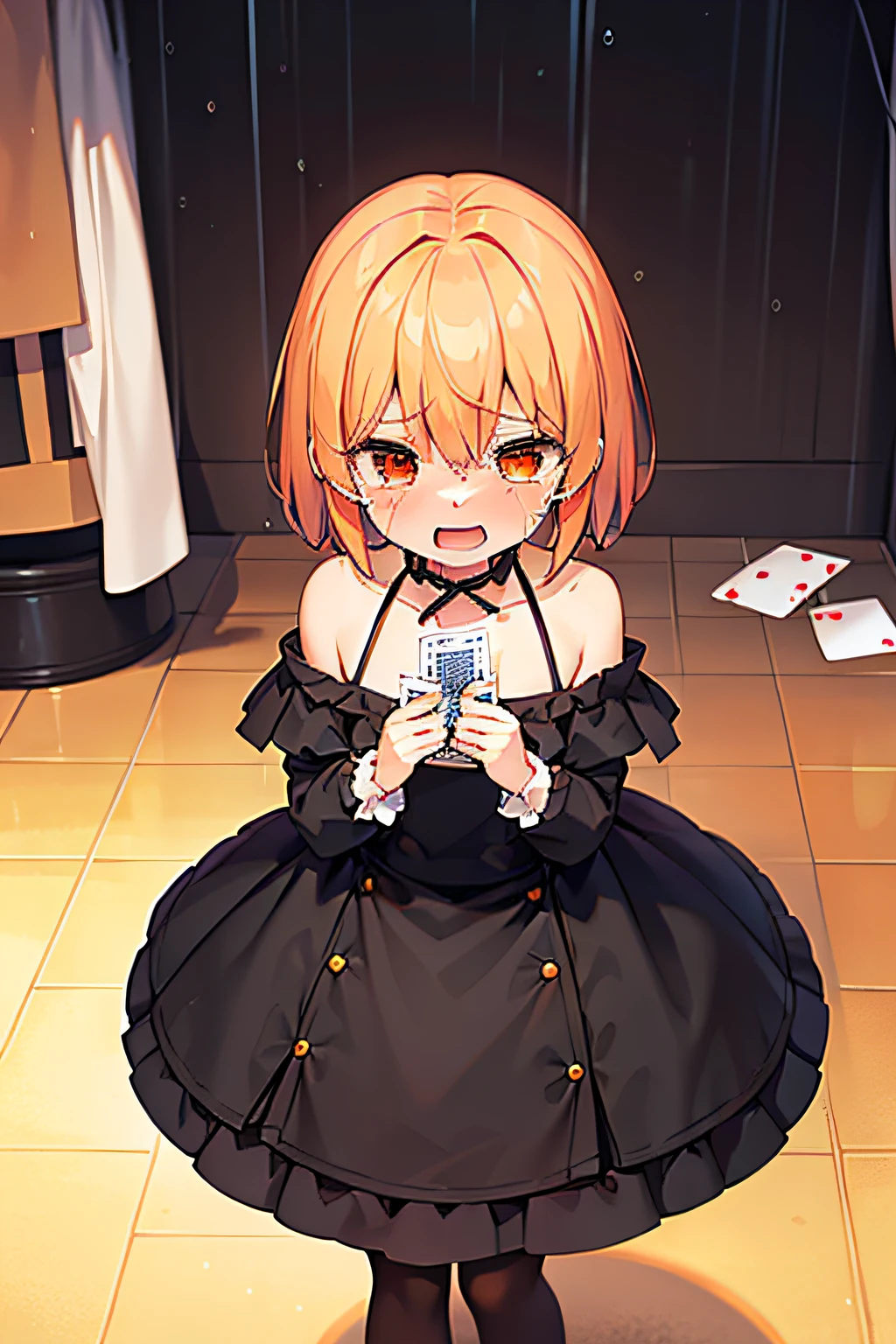 masterpiece, best quality, 1girl, solo, orange hair, short hair, shoulder-length hair, straight hair, orange eyes, round eyes, black picnic dress, long sleeves, frilled, ((holding an axe)), in the room, standing, crying, with tears around one's eyes, sad, (((with many trump cards on the floor))), dark, raining, ((detail face))