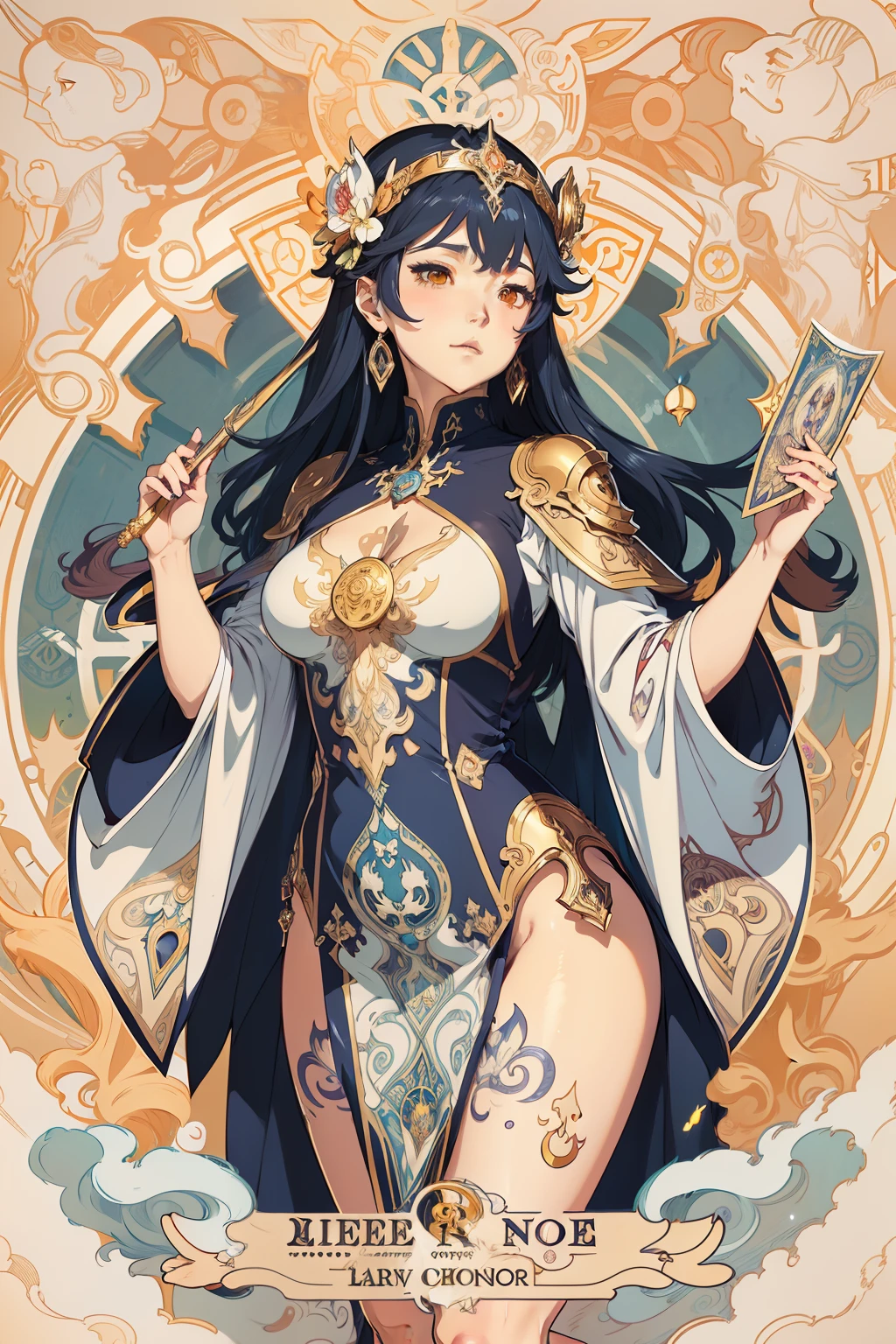 arafed image of a woman with a clock in her hands, alphonse mucha and rossdraws, mucha style 4k, artgerm mucha, korean art nouveau anime, portrait knights of zodiac girl, goddess. extremely high detail, anime fantasy illustration, detailed digital anime art, gorgeous goddess of leo, anime art nouveau, talor liner, stick liner.