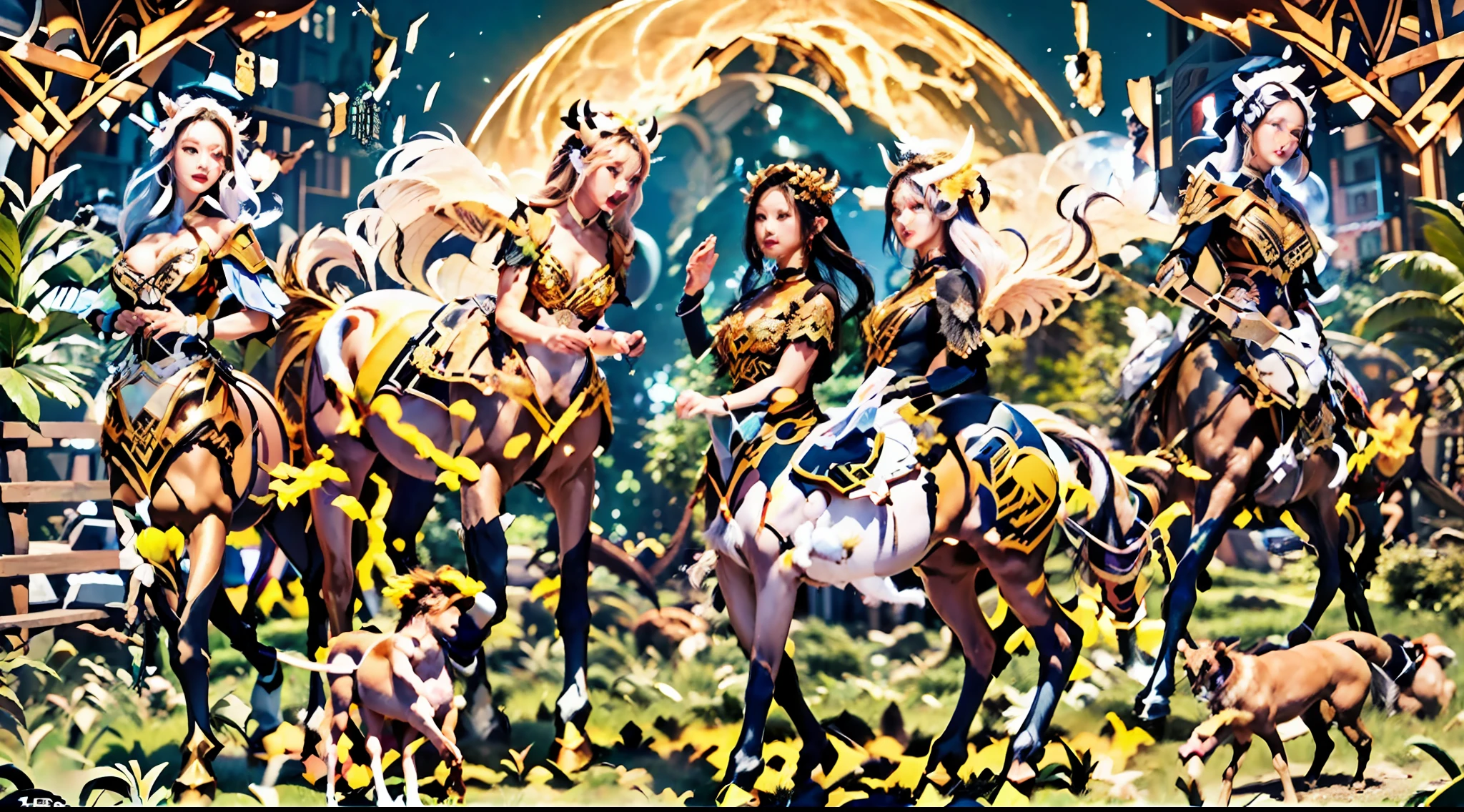 In the beautiful illustration of this super-grand scene,The ultra-distant shot shows eight unique centaur characters,They all have their own characteristics,Vivid and interesting。Radiant angelic centaurs from the heavenly realm,To the hellish centaurs surrounded by nightmarish flames,And then to the Wind Immortal Centaur dancing in the air,There are also one-horned centaurs surrounded by thunder and lightning,and mechanical centaurs that shine with metallic light,And then to the powerful dragon centaur with colored dragon scales covering the whole body,The elegant and agile elf centaur always wears a flower crown with its slender and graceful lines,Enchanting and charming Tiflin centaurs。Each character has their own unique charms and abilities。The illustration uses advanced artistic techniques and tools,Divide the scene into sections by geometric arrangement,Each section corresponds to a centaur character,This makes more efficient use of space。Through Midjourney's advanced brush tools、Color palette、Material packs and model packs,Exquisite costumes and equipment are designed for each centaur,Enhances the character's personality and visual appeal。The scenery in the illustrations is stunning,There are changing skies、rainbowing、extreme light、Stars and Moon。Incorporating iconic landmarks such as Mount Everest,and fireworks、tranquil lake、Natural and urban elements of waves and neon lights,Creates a magical atmosphere。The centaurs showed off their skills and equipment in a variety of environments,This is true even in extreme alien landscapes。Midjourney's tools make depicting details vivid and realistic,From intricate hairstyles and clothing to authentic textures,Enhances the realism of the characters and surroundings。The fusion of multiple art styles adds movement to the centaur's movement at all angles,The overall visual experience is further enriched。The final illustration was described as a "masterpiece",It has the characteristics of "best quality" and "realistic",The d