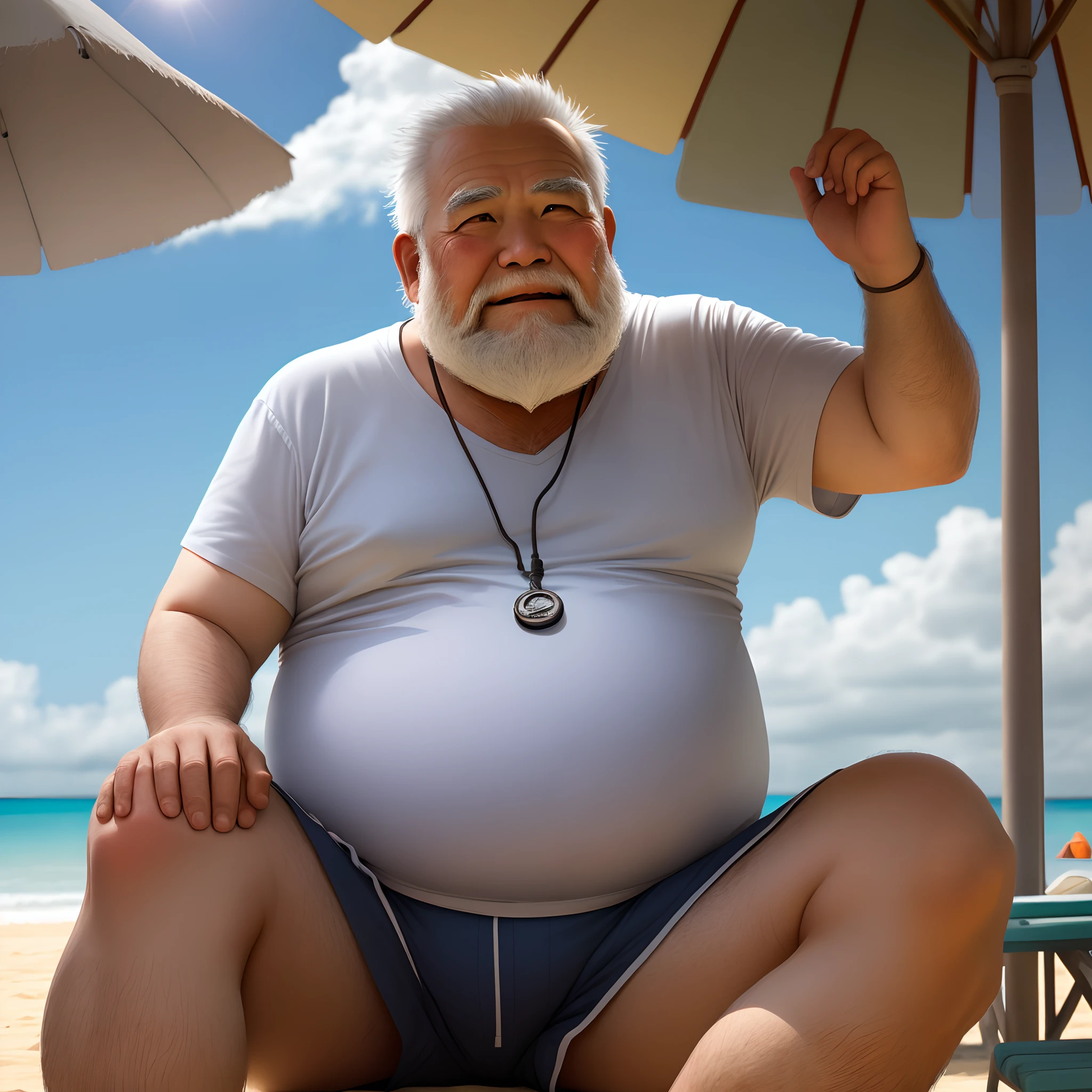 Fat old man with white beard,Soak up the sun on the beach,