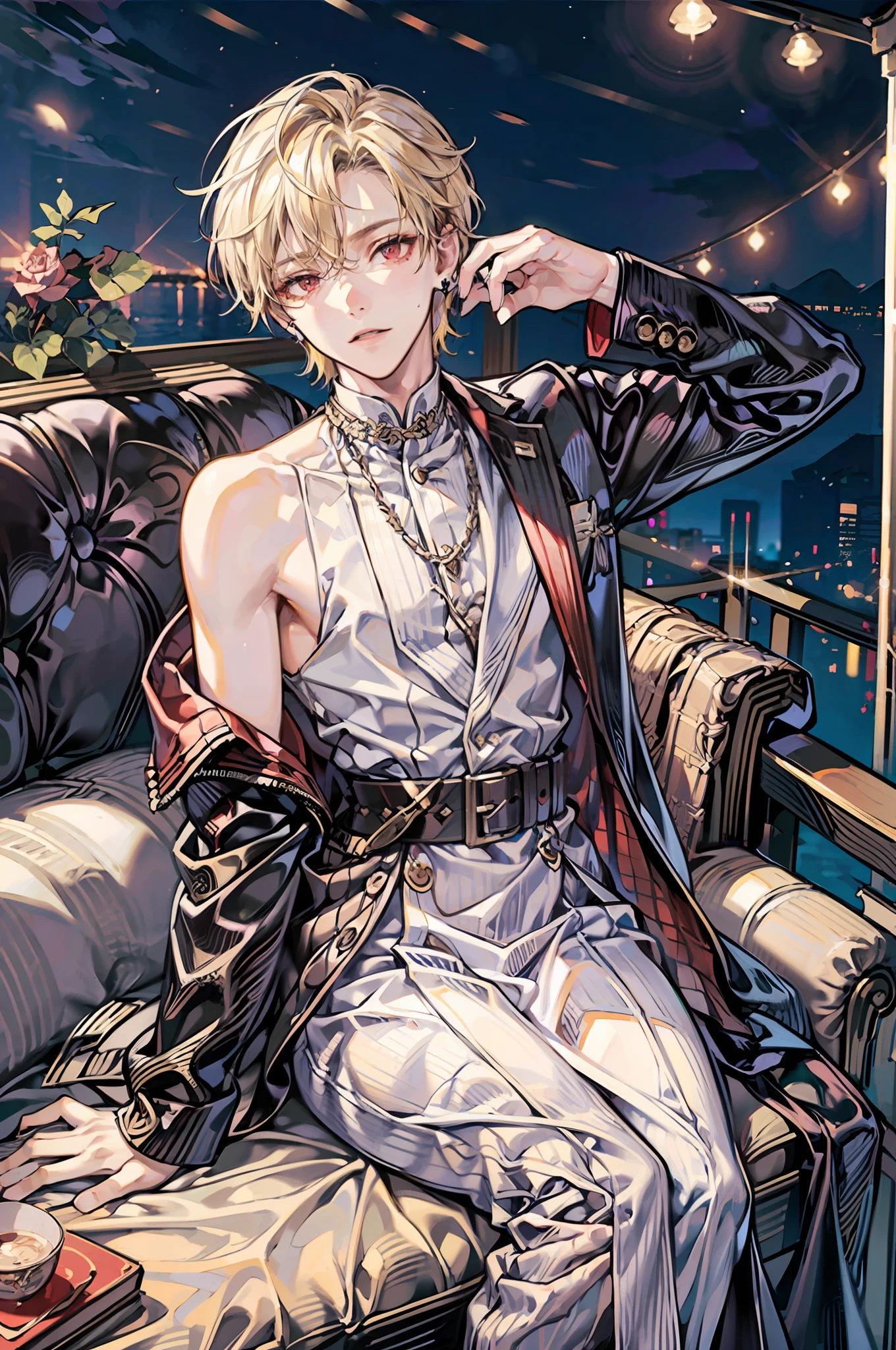 ((masutepiece: 1.4, Best Quality)), ((masutepiece, Best Quality,Delicate)), Very short blonde hair、Red Eyes,(1Man Youth:1.3), Delicate hair, real face, Suit,(hand on face:1.2),piercings, Night background
