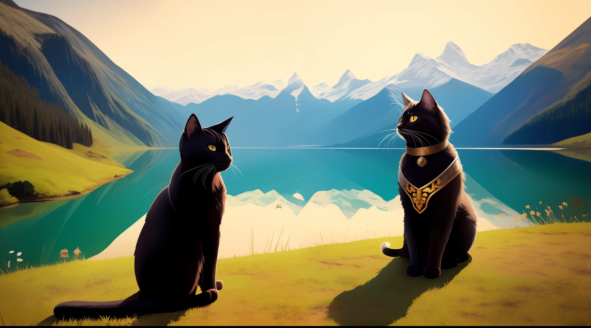 Ninja Cat in medieval armor, beutiful, with a beautiful black katana, Near the lake, the wind, Pezazh is beautiful