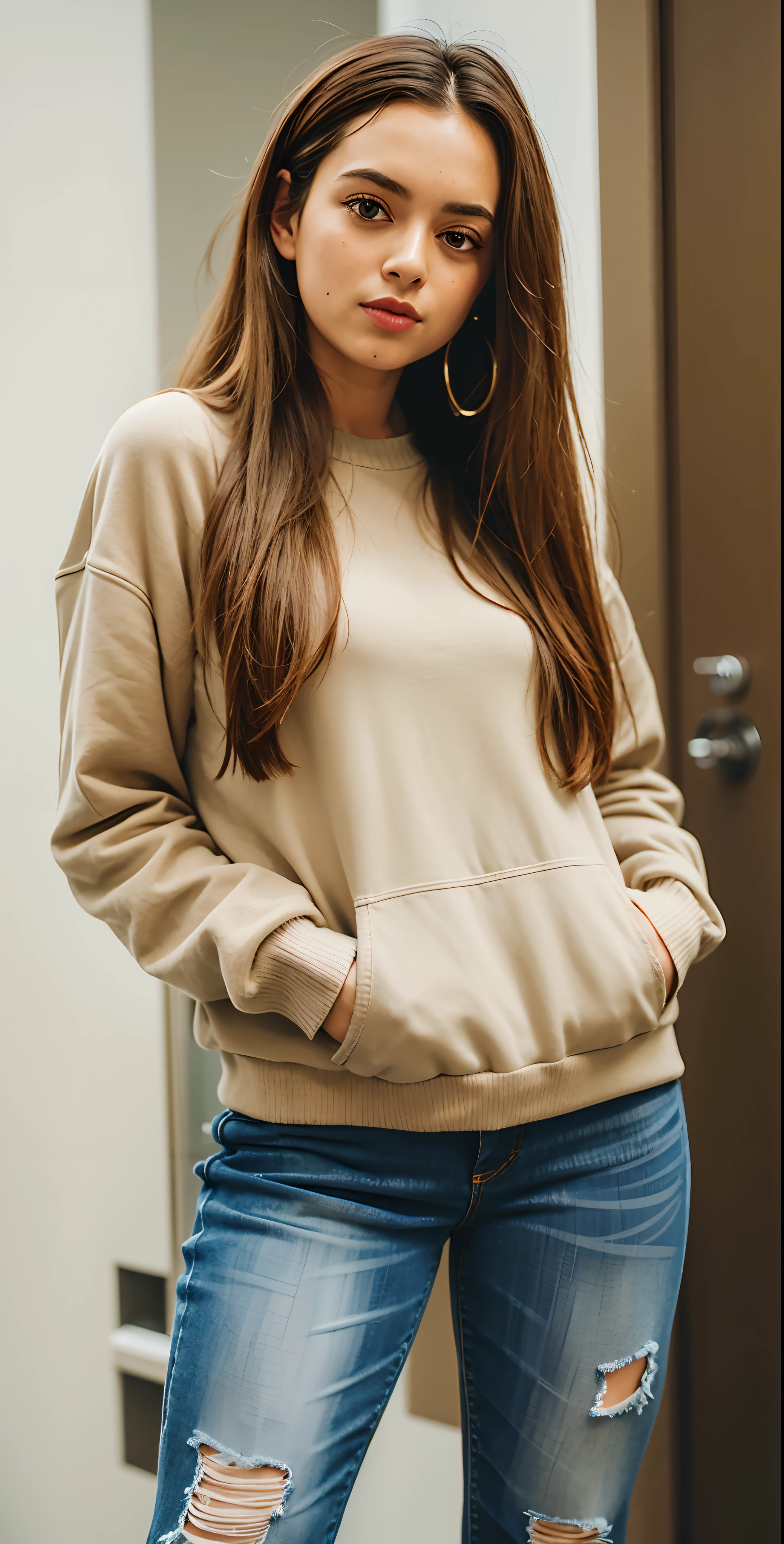 uma linda mulher com capuz bege e jeans rasgado posando para uma foto, Capuz Bege, usando capuz, usando um capuz oversized, capuz cinza, menina vestindo capuz, Capuz Oversized, vestindo um moletom cinza com capuz, capuz cinza, Capuz, encapuzado, usando um capuz, vestindo moletom, com capuz, com dois bolsos frontais, roupas casuais, usando um capuz, toupeira