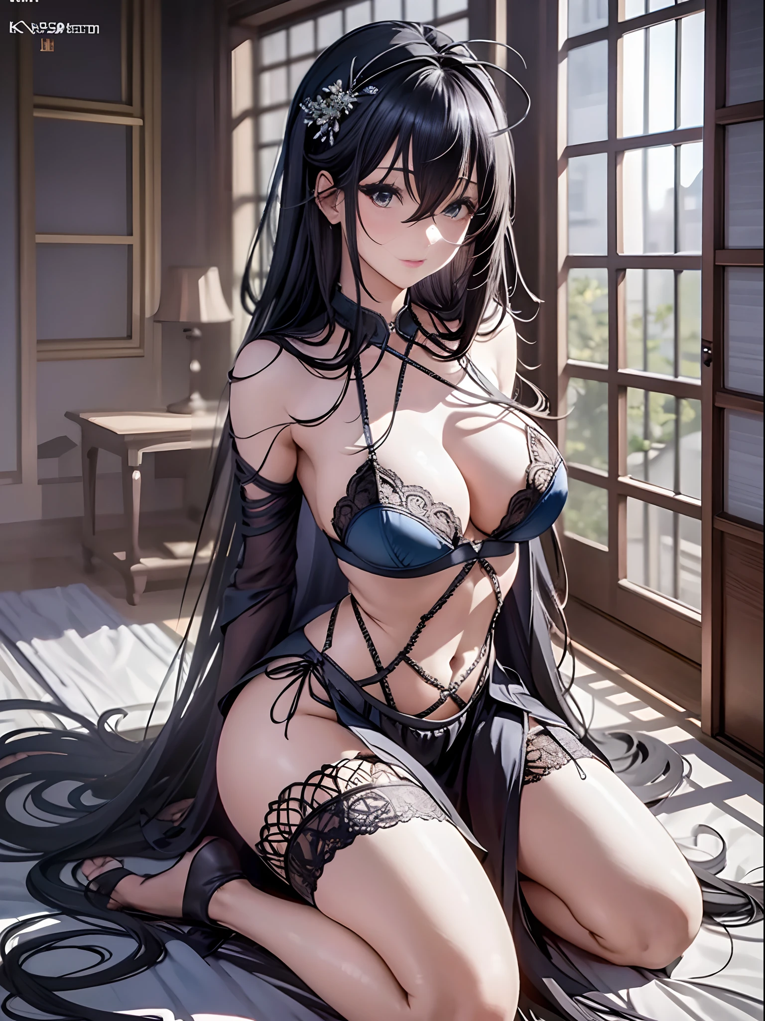 (Enrich the picture,Masterpiece level quality)Beautiful 8K CG artwork,Goddess-like posture,Kneeling exercise,Slim and soft,Translucent skin,Black hair、The beauty of extra-long hair, Super Long Straight Hair,The skin is fair and juicy,Big breasts lingerie miniskirt uniform,Perspective Part 1.2x enhanced silhouette effect,Exquisite transparent blues pattern in pajamas,The details are intricate and exquisite,The background is slightly blurred,Charming and lustful leg seduction,Drool,K cup oversized big breasts,Blush,Japan goddess,Perfect body slim curves,