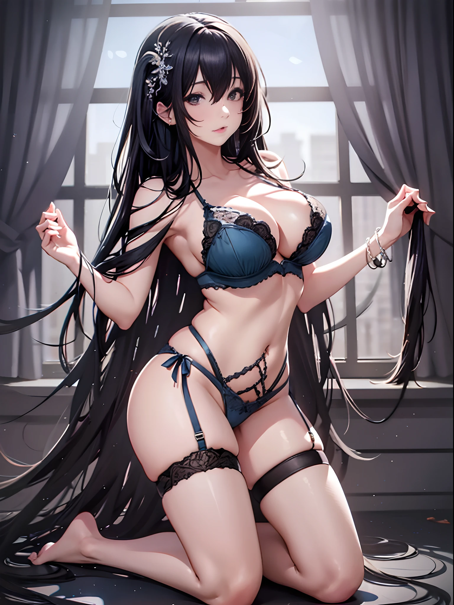 （Enrich the picture，Masterpiece level quality）Beautiful 8K CG artwork，Goddess-like posture，Kneeling exercise，Slim and soft，Translucent skin，Black hair、The beauty of extra-long hair, Super Long Straight Hair，The skin is fair and juicy，Big breasts lingerie miniskirt uniform，Perspective Part 1.2x enhanced silhouette effect，Exquisite transparent blues pattern in pajamas，The details are intricate and exquisite，The background is slightly blurred，Charming and lustful leg seduction，Drool，K cup oversized big breasts，Blush，Japan goddess，Perfect body slim curves，