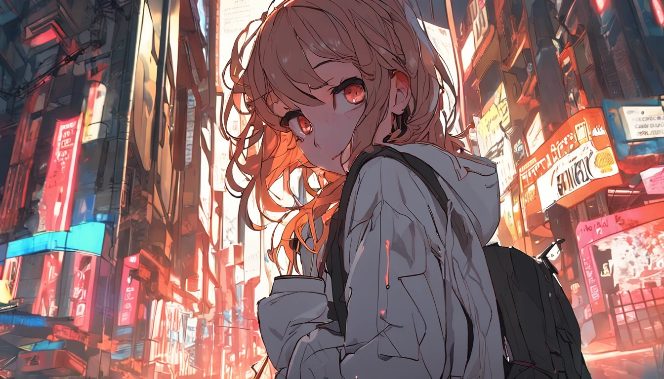 Realistic,Delicate, post apocalyptic setting, Neon Light Beam, Orange Neon Light, City lights, Neon lighting wallpaper, masutepiece,depth of fields ,(Detailed eyes Detailed pupils:1.3) , Pale girl, Asian Girl,1girl in,(makeup:0.8),Beautiful detailed girl, colourfull, Finely detailed, Intricate details, Instagram, (Ginger Hair + Messy long hair 1.3), Blunt bangs, (50mm Sigma f/1.4 ZEISS lens, F1.4, 1/800s, ISO 100, fotograpy:1.1), (White pajamas:1.3),Closed mouth, Night,(,cowboys_shot, (From Side:1.2),(Detail fingers:1.3),1girl in, Full body shot, Sitting, Faces close to the viewer, Legs far from the viewer, with blush cheeks, winking eyes, Clear eyes, Big eyes