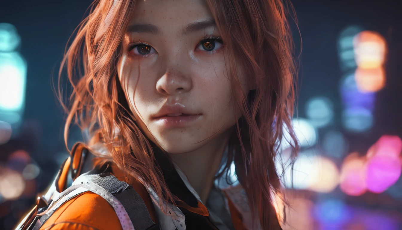 Realistic,Delicate, post apocalyptic setting, Neon Light Beam, Orange Neon Light, City lights, Neon lighting wallpaper, masutepiece,depth of fields ,(Detailed eyes Detailed pupils:1.3) , Pale girl, Asian Girl,1girl in,(makeup:0.8),Beautiful detailed girl, colourfull, Finely detailed, Intricate details, Instagram, (Ginger Hair + Messy long hair 1.3), Blunt bangs, (50mm Sigma f/1.4 ZEISS lens, F1.4, 1/800s, ISO 100, fotograpy:1.1), (White pajamas:1.3),Closed mouth, Night,(,cowboys_shot, (From Side:1.2),(Detail fingers:1.3),1girl in, Full body shot, Sitting, Faces close to the viewer, Legs far from the viewer, with blush cheeks, winking eyes, Clear eyes, Big eyes