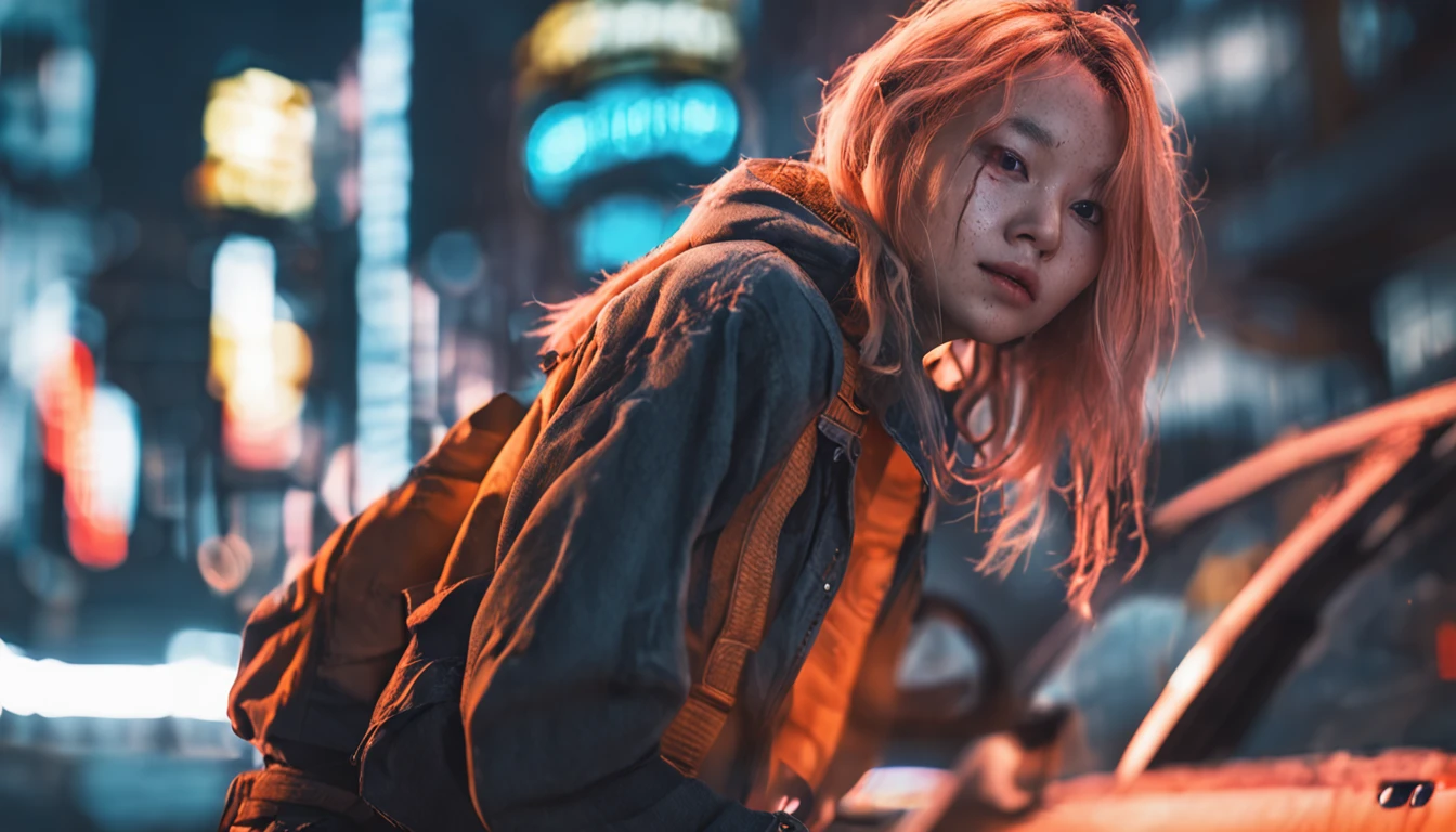 Realistic,Delicate, post apocalyptic setting, Neon Light Beam, Orange Neon Light, City lights, Neon lighting wallpaper, masutepiece,depth of fields ,(Detailed eyes Detailed pupils:1.3) , Pale girl, Asian Girl,1girl in,(makeup:0.8),Beautiful detailed girl, colourfull, Finely detailed, Intricate details, Instagram, (Ginger Hair + Messy long hair 1.3), Blunt bangs, (50mm Sigma f/1.4 ZEISS lens, F1.4, 1/800s, ISO 100, fotograpy:1.1), (White pajamas:1.3),Closed mouth, Night,(,cowboys_shot, (From Side:1.2),(Detail fingers:1.3),1girl in, Full body shot, Sitting, Faces close to the viewer, Legs far from the viewer, with blush cheeks, winking eyes, Clear eyes, Big eyes