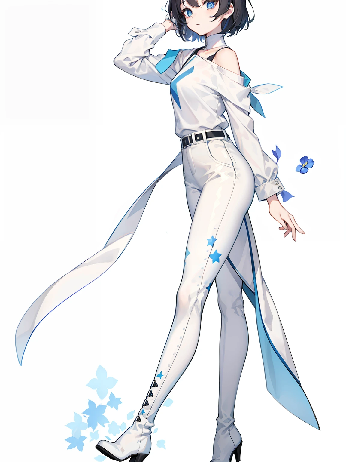 Head shape:Short hair with a dull hair
hat:beret。On the right side are black flowers
physique:juvenile
Hair color:white
eye:Blue star eyes。
The clothes ar:Plain white long-sleeved shirt,On the left shoulder there is a Cecilia flower(The pattern and clothing style are casual)
On the left waist hangs his own harmonica
leg:Pure white leather pants,
Feet:Black boots