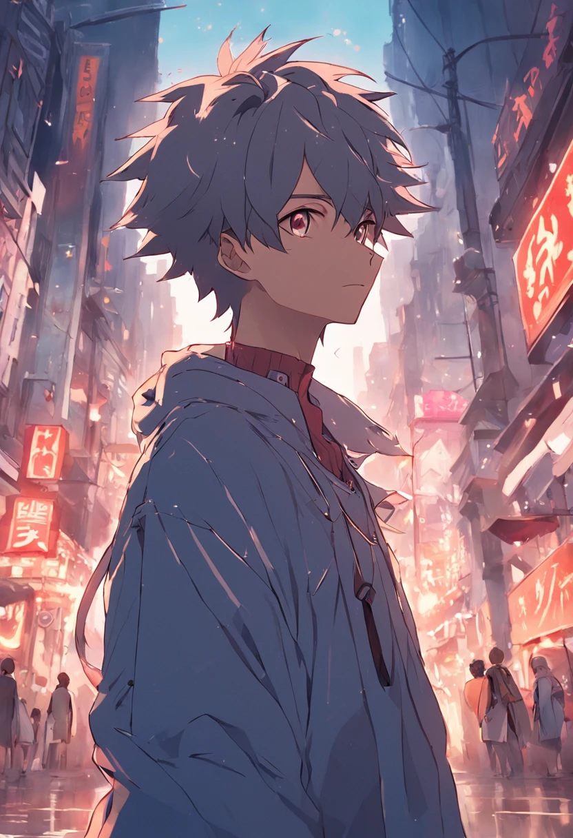 A boy, transformed into an anime style, with exaggerated unique facial features and clothing, standing on a bustling city street, backlit background highlighting the subject, high-contrast colors, 4K high-definition quality,young, smiling, handsome