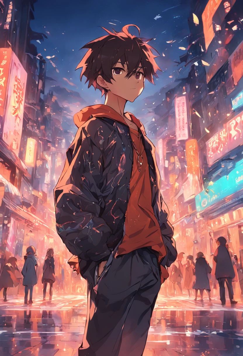 A boy, transformed into an anime style, with exaggerated unique facial features and clothing, standing on a bustling city street, backlit background highlighting the subject, high-contrast colors, 4K high-definition quality,young, smiling, handsome