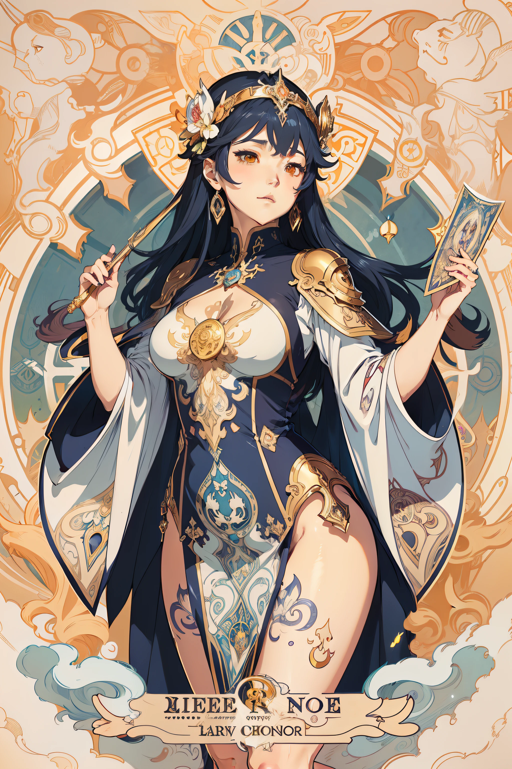 arafed image of a woman with a clock in her hands, alphonse mucha and rossdraws, mucha style 4k, artgerm mucha, korean art nouveau anime, portrait knights of zodiac girl, goddess. extremely high detail, anime fantasy illustration, detailed digital anime art, gorgeous goddess of leo, anime art nouveau, talor liner, stick liner.