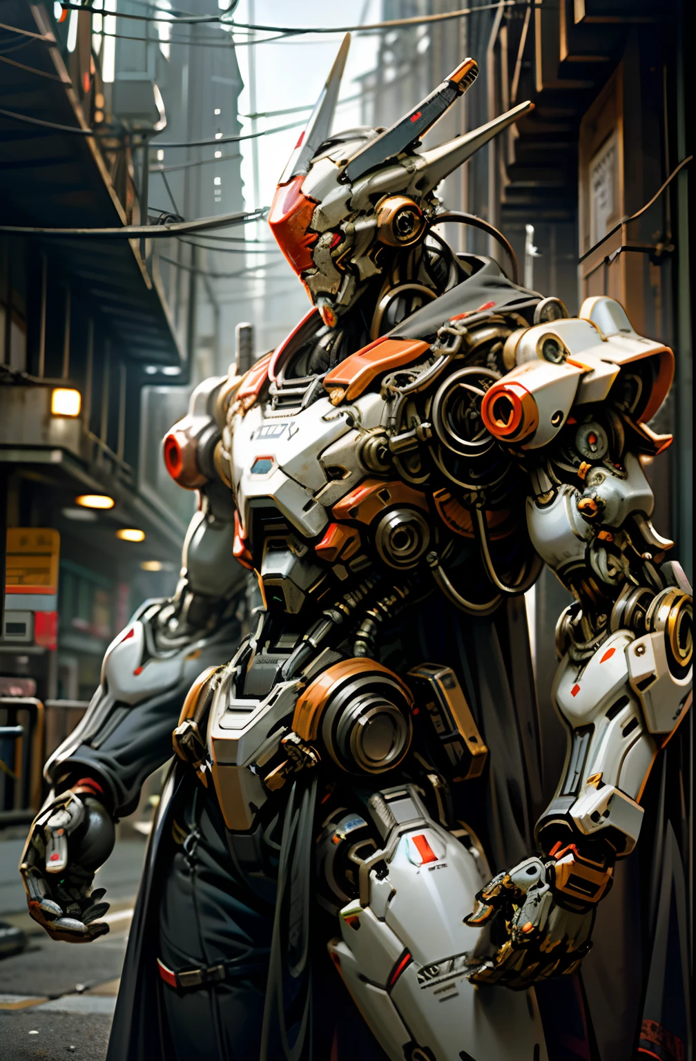 Dark_Fantasy,Cyberpunk,(chain saw,chain saw man,Red:1.1),1man,Mechanical marvel,Robotic presence,Cybernetic guardian, wearing a worn-out mech suit, intricate, (steel metal [rusty]), elegant, clear focus, shot by greg rutkowski, soft lighting, vibrant colors, masterpiece, ((street)), cowboy shot, dynamic pose,