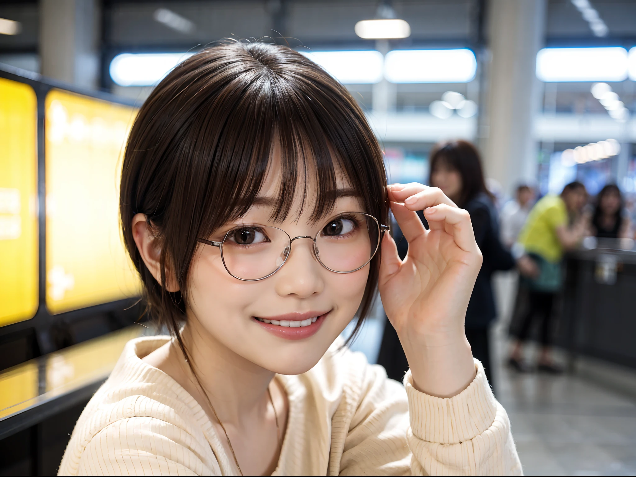 Japan girl in casual clothes in a shopping mall, looking at the viewer, posing with a smile (highest quality, masterpiece))), high resolution, very detailed, masterpiece, cinematic lighting, (8K, highest quality, masterpiece: 1.2), (realistic, photorealistic: 1.37) Hi-Res, Super Detail, 1 Girl, Woman with Glasses, Thin Frame Round Glasses, Light Colored Glasses Frame, asian, cute, cute face, solo, short hair 1.2, textured skin, beautiful smile, beautiful detailed sky, detailed café, night, movie lighting, depth of field, lens flare light, sitting, dating, (blushing), (smile: 1.15), small breasts (mouth closed), eyes with beautiful details, (short hair: 1.2), floating hair Nova Frog style,