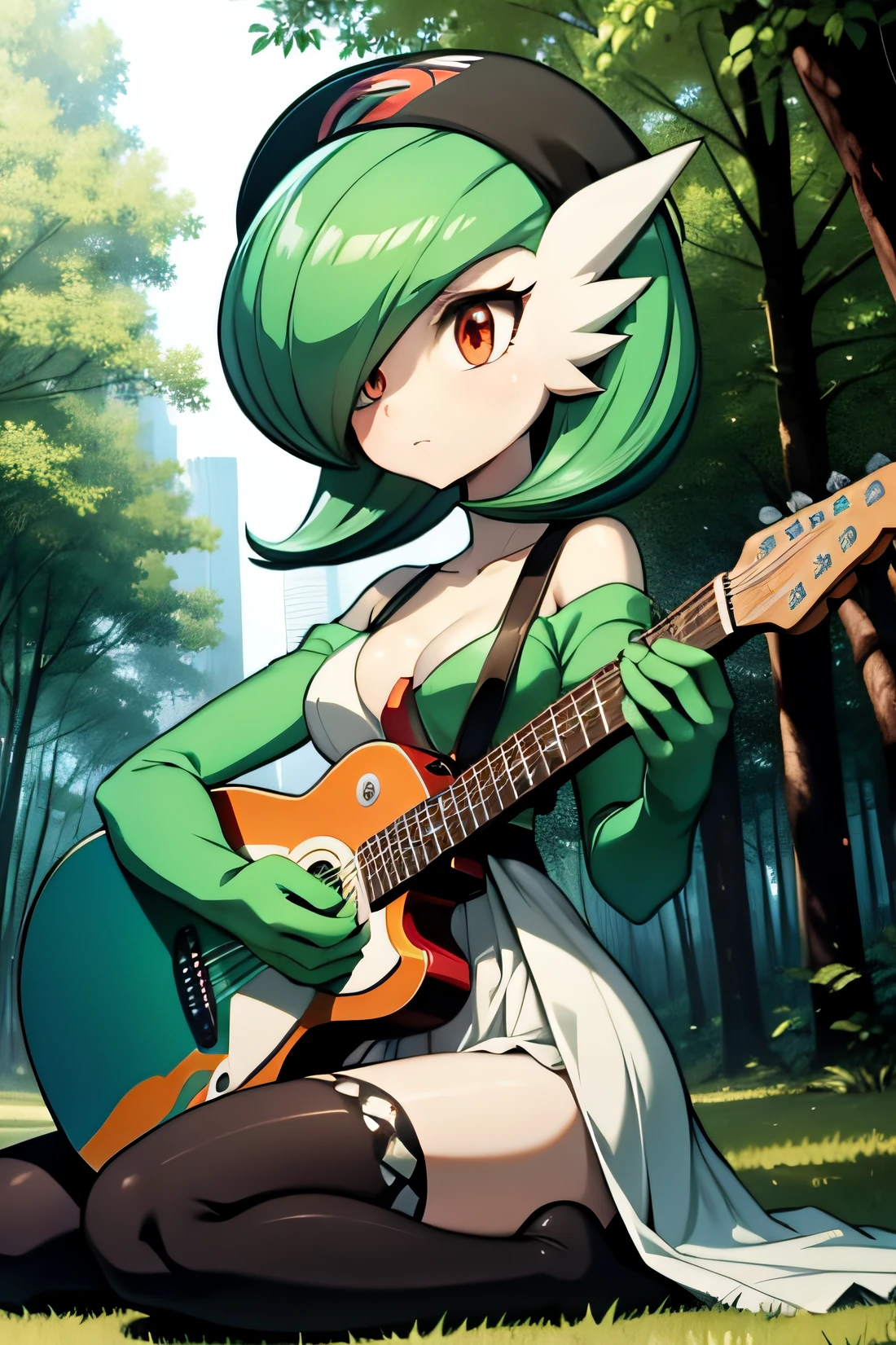 Gardevoir, Pokemon,, forest, indian sitting style, skirt, musician, guitar, stockings