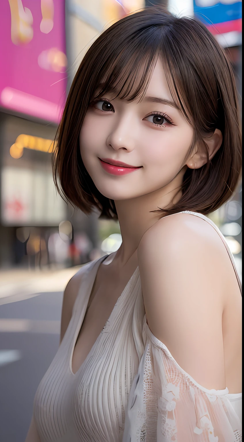 masutepiece, Best Quality, Illustration, Ultra-detailed, finely detail, hight resolution, 8K Wallpaper, Perfect dynamic composition, Beautiful detailed eyes, Women's Fashion Summer,Short bob hair,Small breasts natural color lip, Bold sexy poses,Smile,Harajuku、20 years girl、Cute、Sexy shot looking at camera