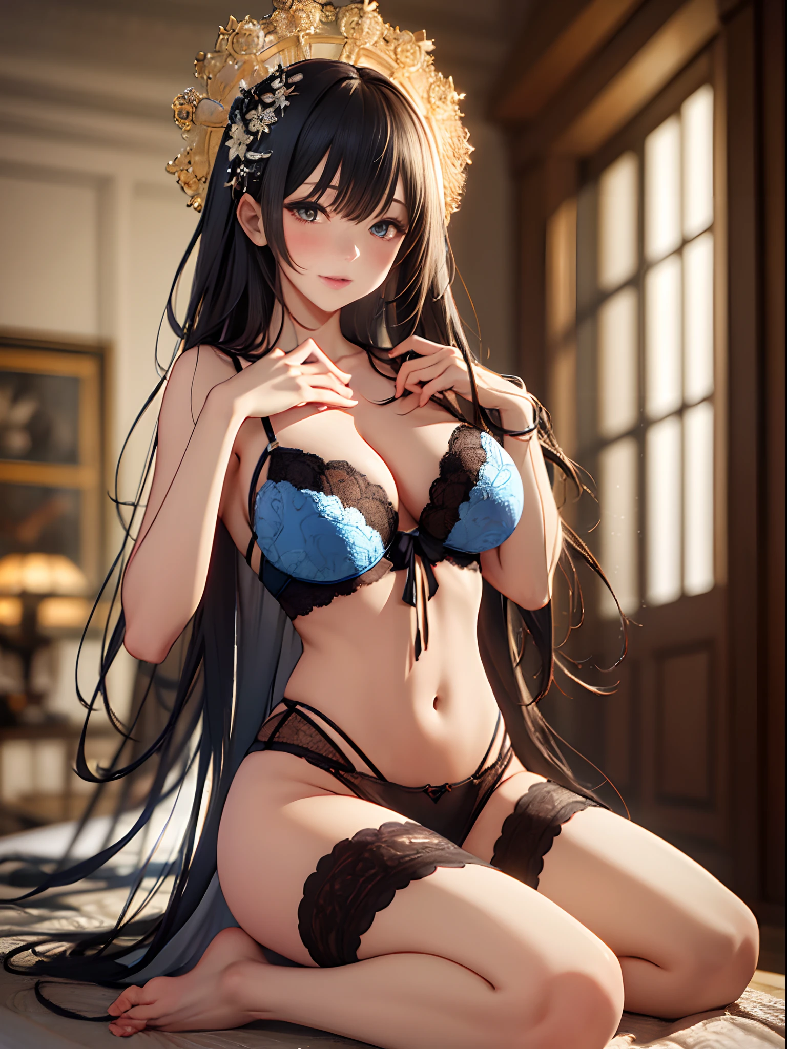 （Enrich the picture，Masterpiece level quality）Beautiful 8K CG artwork，Goddess-like posture，Kneeling exercise，Slim and soft，Translucent skin，Black hair、The beauty of extra-long hair, Super Long Straight Hair，The skin is fair and juicy，Big breasts lingerie miniskirt uniform，Perspective Part 1.2x enhanced silhouette effect，Exquisite transparent blues pattern in pajamas，The details are intricate and exquisite，The background is slightly blurred，Charming and lustful leg seduction，Drool，K cup oversized big breasts，Blush，Japan goddess，Perfect body slim curves，
