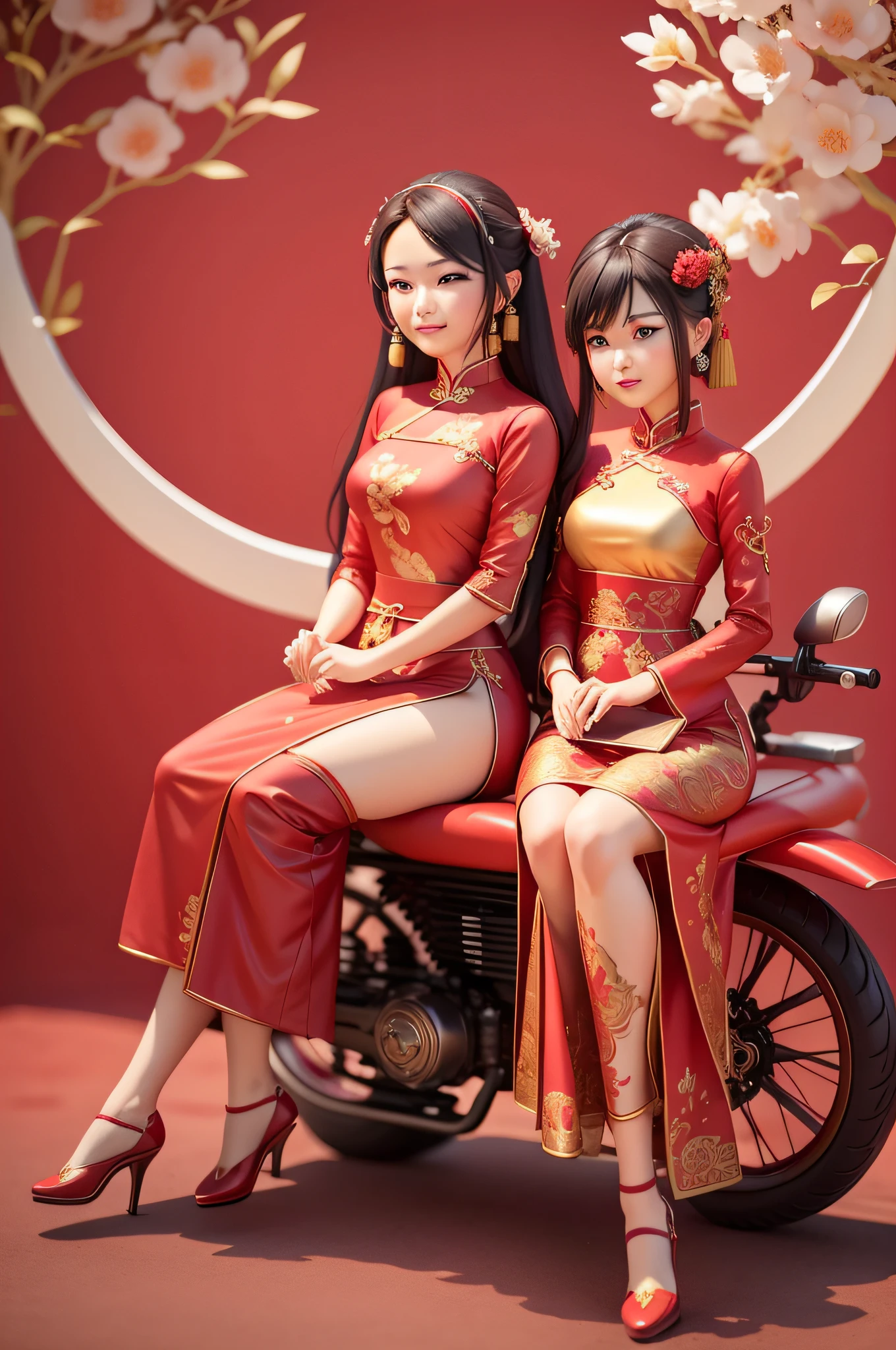 there are two people in red outfits sitting on a motorcycle, wearing a red cheongsam, chinese style, traditional chinese, cheongsam, ao dai, traditional chinese clothing, wearing red attire, with acient chinese clothes, hanfu, chinese dress, inspired by Xie Huan, chinese costume, wearing ancient chinese clothes, lovely couple, ornate dashing red garments