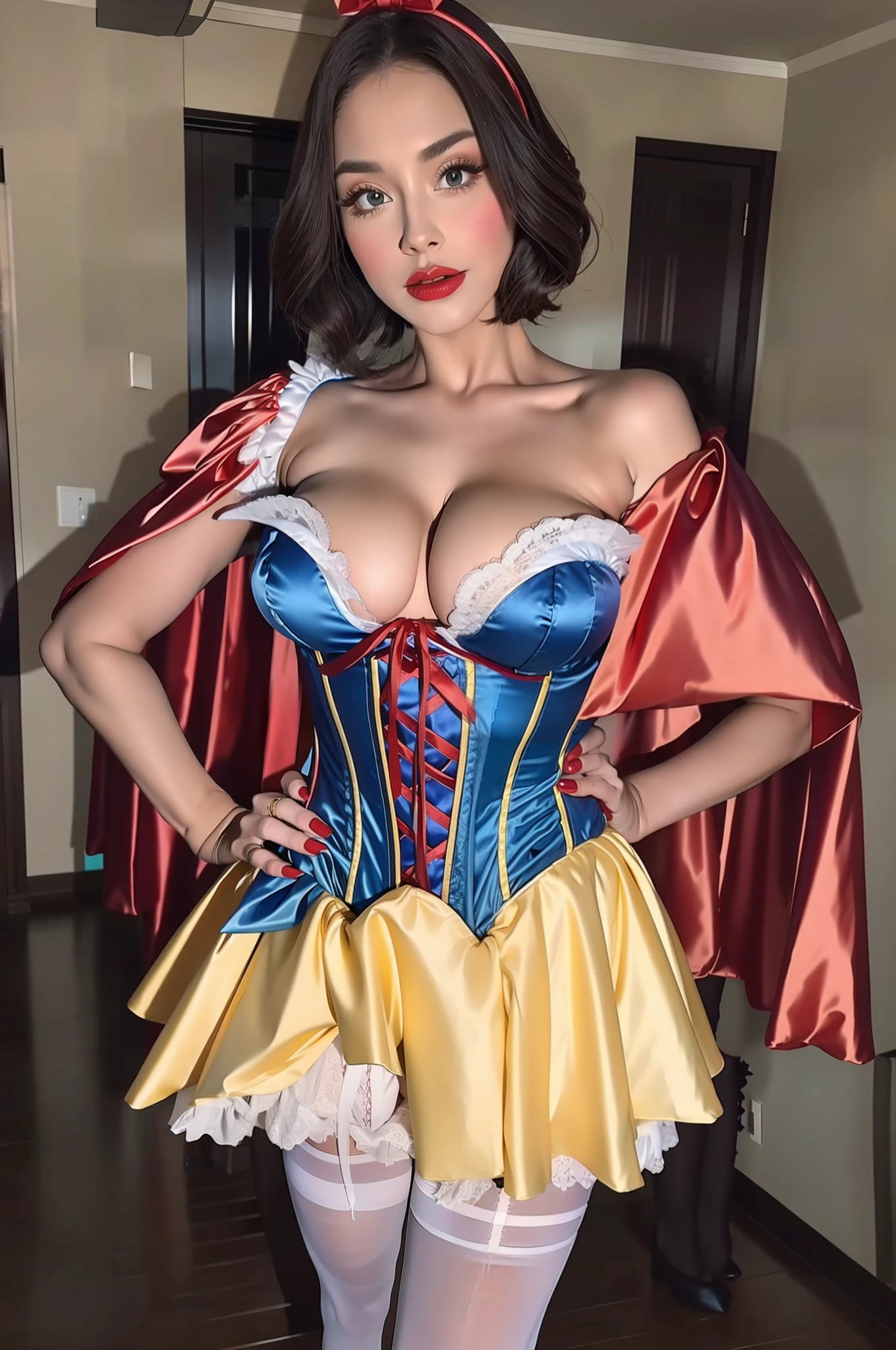 Unbeatable masterpiece, perfect artwork, ((perfect female figure)), short hair, skinny, realism, solo, (realism: 1.4), best quality, ultra high resolution, 1girl, porcelain, kpop idol, full body, (c cup), low neckline, beautiful, masterpiece, best quality, very detailed face, perfect lighting, solo, plain makeup, best quality, super high resolution, (realistic:1.4), super detailed, masterpiece, best quality, 👍 ulzzang - 6500-v1.1, blue silk corset, silk yellow skater skirt, red white slashed puffed shoulder sleeves, red silk cape, white leggings
