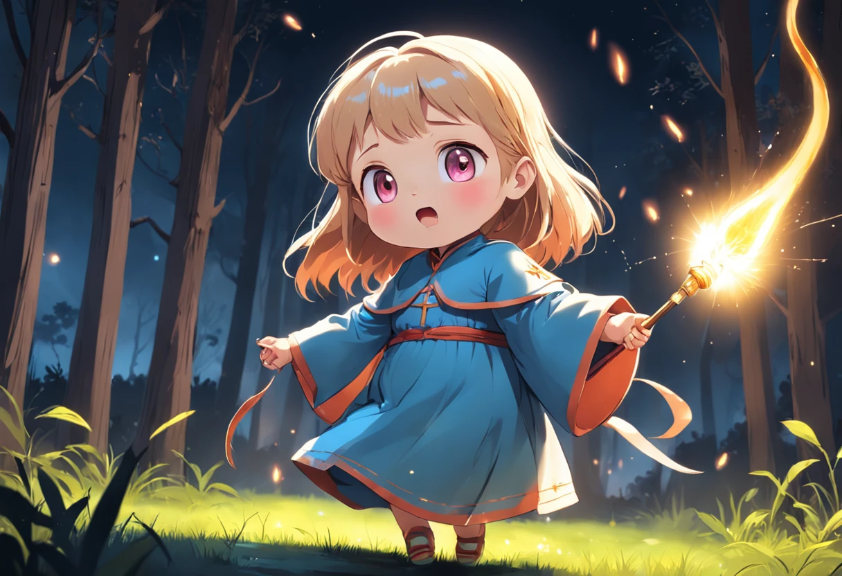 Cartoony，Chubby little girl in priest's robe，Place the glowing scepter on the ground，Glowing fireflies around，，Cute and cute，KIDS ILLUSTRATION，Glow effects，Dingdall effect，depth of fields，high light，Real light，Ray traching，oc rendered，Hyper-realistic，best qualtiy，8K，Works of masters，super-fine，Detailed pubic hair，Correct anatomy，sharp focus on eyes，The facial structure is reasonable，Facial features are carefully depicted