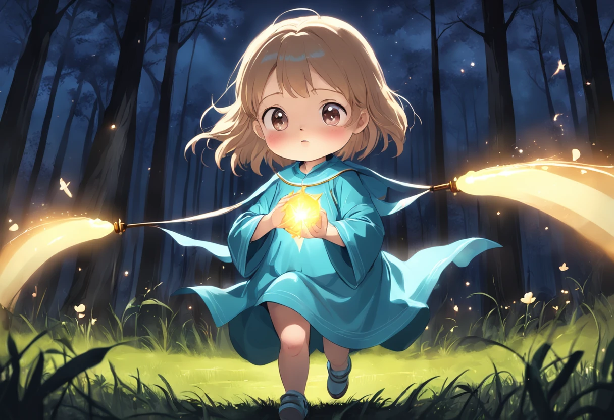 Cartoony，Chubby  girl in priest's robe，Place the glowing scepter on the ground，Glowing fireflies around，，Cute and cute，KIDS ILLUSTRATION，Glow effects，Dingdall effect，depth of fields，high light，Real light，Ray traching，oc rendered，Hyper-realistic，best qualtiy，8K，Works of masters，super-fine，Detailed pubic hair，Correct anatomy，sharp focus on eyes，The facial structure is reasonable，Facial features are carefully depicted