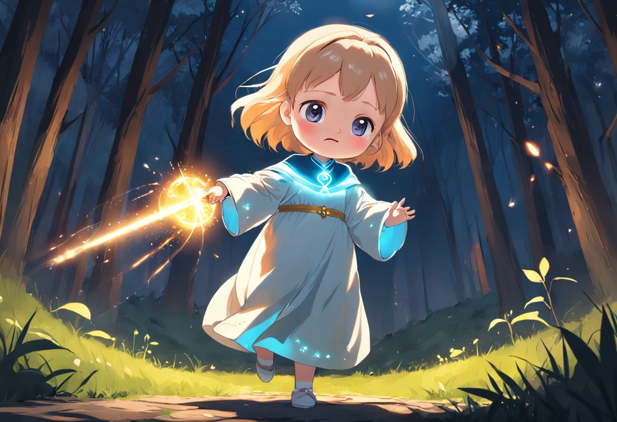 Cartoony，Chubby little girl in priest's robe，Place the glowing scepter on the ground，Glowing fireflies around，，Cute and cute，KIDS ILLUSTRATION，Glow effects，Dingdall effect，depth of fields，high light，Real light，Ray traching，oc rendered，Hyper-realistic，best qualtiy，8K，Works of masters，super-fine，Detailed pubic hair，Correct anatomy，sharp focus on eyes，The facial structure is reasonable，Facial features are carefully depicted