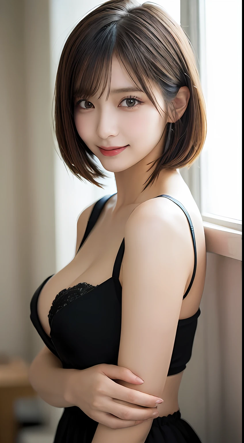 masutepiece, Best Quality, Illustration, Ultra-detailed, finely detail, hight resolution, 8K Wallpaper, Perfect dynamic composition, Beautiful detailed eyes, Women's Fashion Summer,Short bob hair,Small breasts natural color lip, Bold sexy poses,Smile,Harajuku、20 years girl、Cute、Sexy shot looking at camera