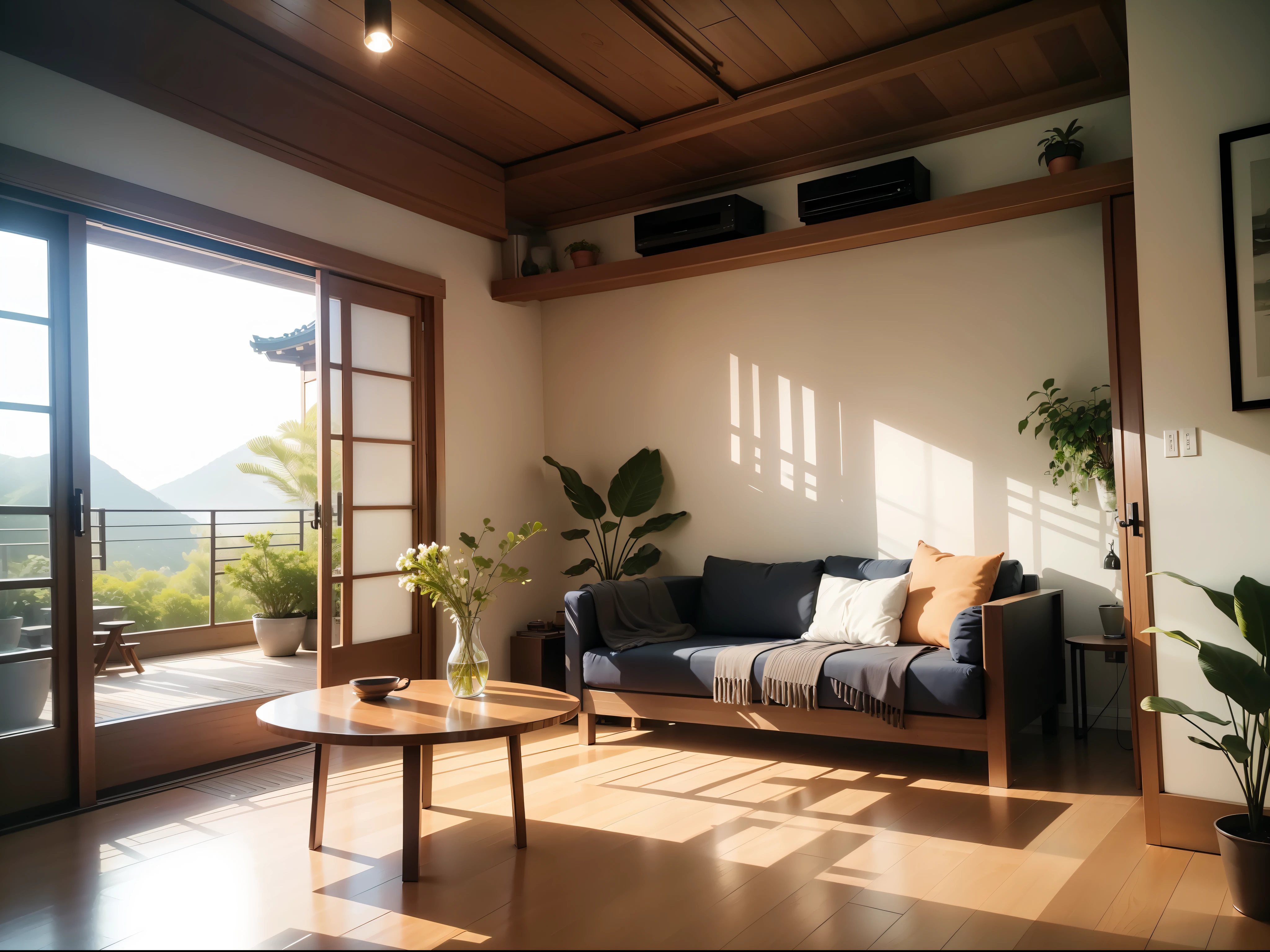 interior design、Insanely detailed wide-angle architectural photo、Cozy contemporary living room、(Bright and warm sunlight 1:0.1)、Award-winning contemporary interior design、landscapes、The table、a chair、in a house、Wooden flooring、window、resturant、east asian east asian architecture、sliding paper doors、abajour、architectural、the woods、naturey、cups、a plant、interior design、Insert lighting and shadows、depth of fields、low illuminance