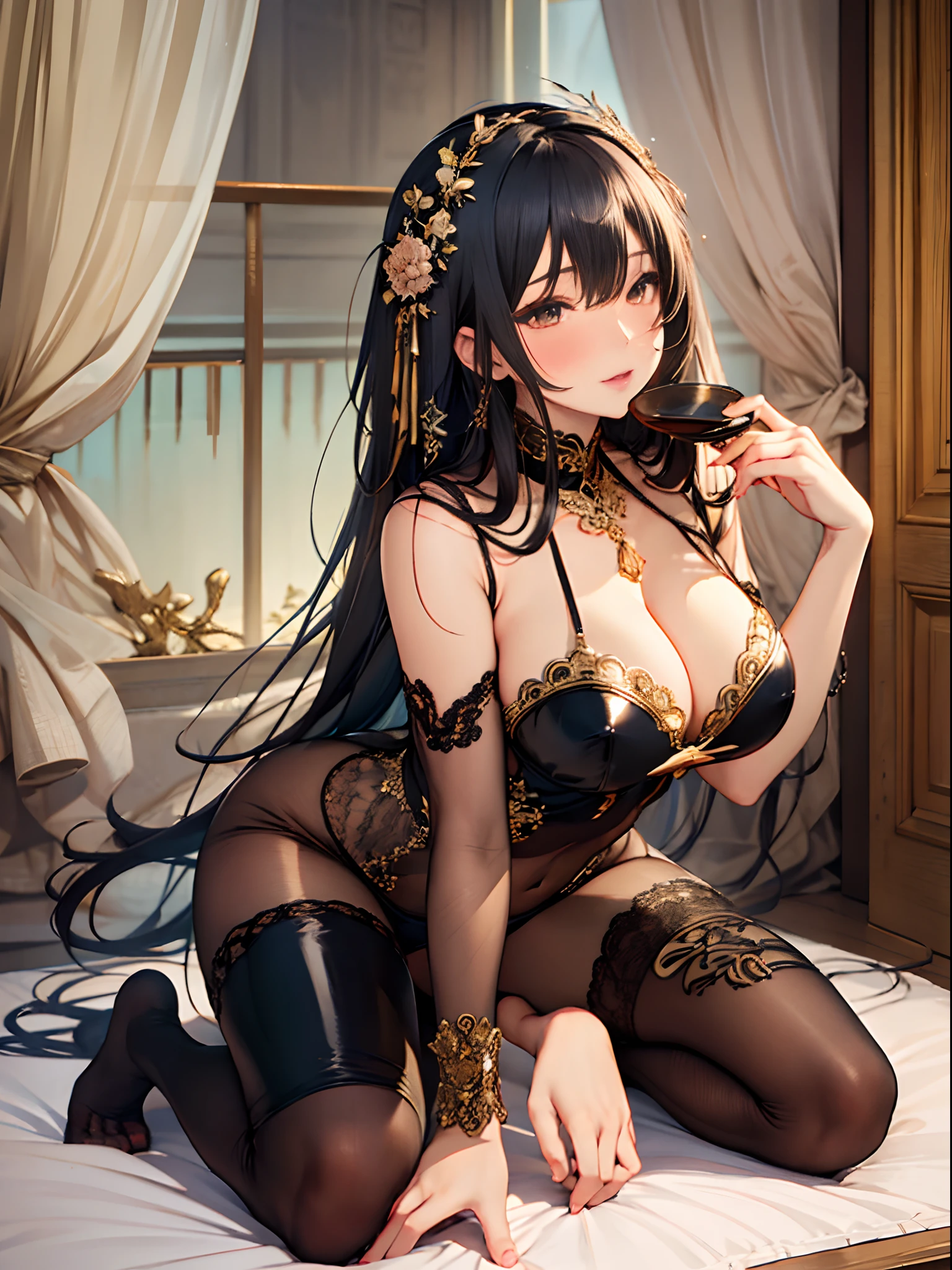 (Enrich the picture,Masterpiece level quality)Beautiful 8K CG artwork,Goddess-like posture,Kneeling exercise,Slim and soft,Translucent skin,Black hair、The beauty of extra-long hair, Super Long Straight Hair,The skin is fair and juicy,Underwear uniforms,Perspective Part 1.2x enhanced silhouette effect,Exquisite transparent blues pattern in pajamas,The details are intricate and exquisite,The background is slightly blurred,Charming and lustful leg seduction,Drool,K cup oversized big breasts,Blush,Japan goddess,Perfect body slim curves,