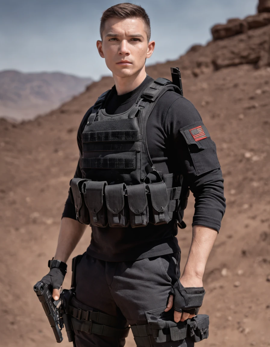 Half body, a military contractor, male, short Mohawk, trained body, tattoo, black combat suit, cargo pants, black tactical vest loaded with magazine, black holster loaded with pistol, tactical boots, black SUV background