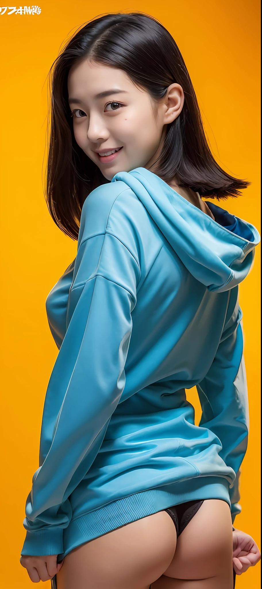 Top image quality, 8K, masutepiece, studio shoot, Japan Girl(), kawaii, From above, posterior view, s ass, 二重まぶた, thick eyebrow, Teardrops, fully body photo, frontage, Blue hoodie on jacket, large full breasts, T back, light_Smile, A dark-haired, bob cuts, yellow background,