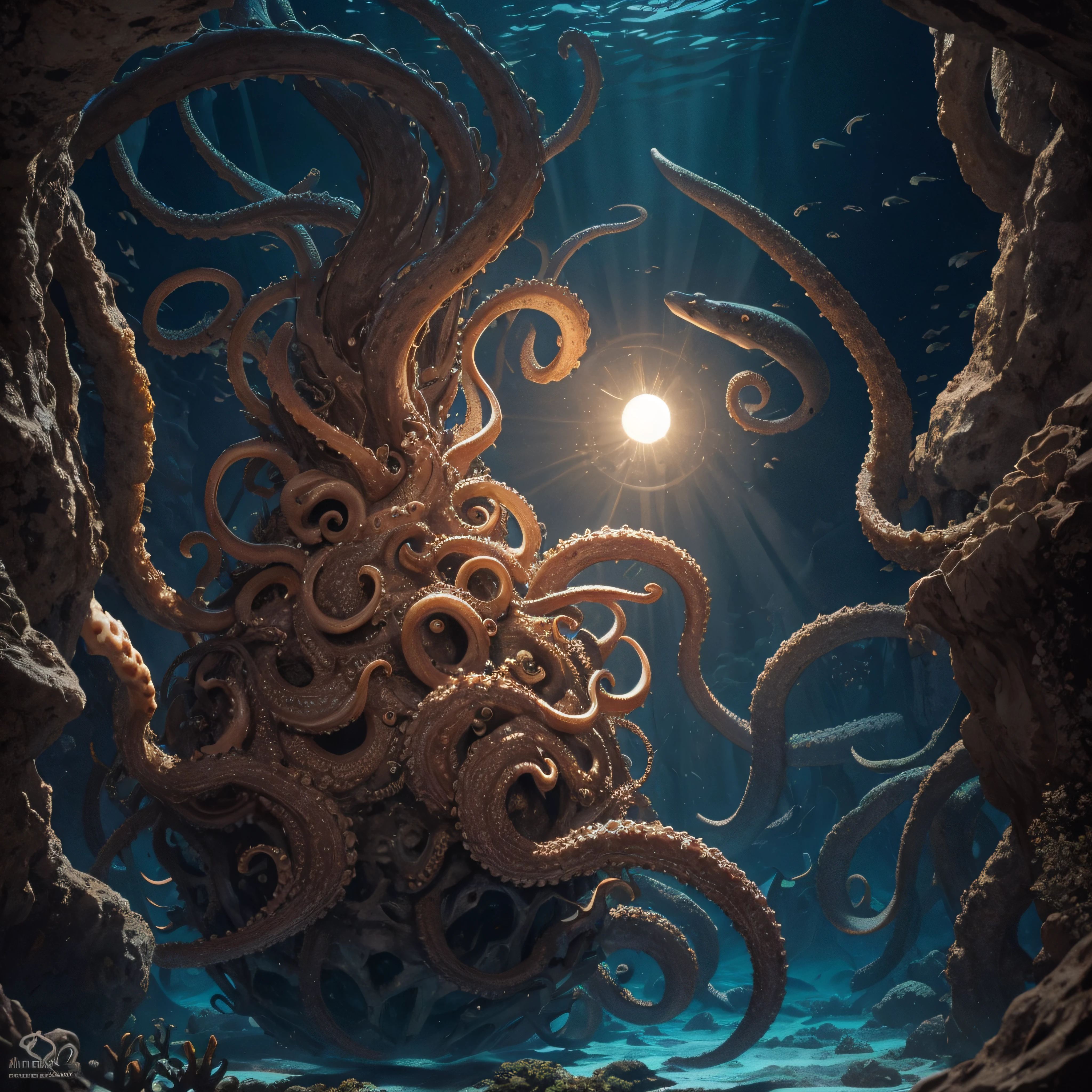 (extremadamente detallado, obra maestra, La mejor calidad, Under the Ocean), Estilo oscuro, volumetric illumination. armadura medieval, rostro con arrugas, lengua larga, tentacle, deforme, imagen submarina vista desde el exterior, pico de pulpo amenazante. manchas de tinta. Rococo composition. Luz de caravaggio