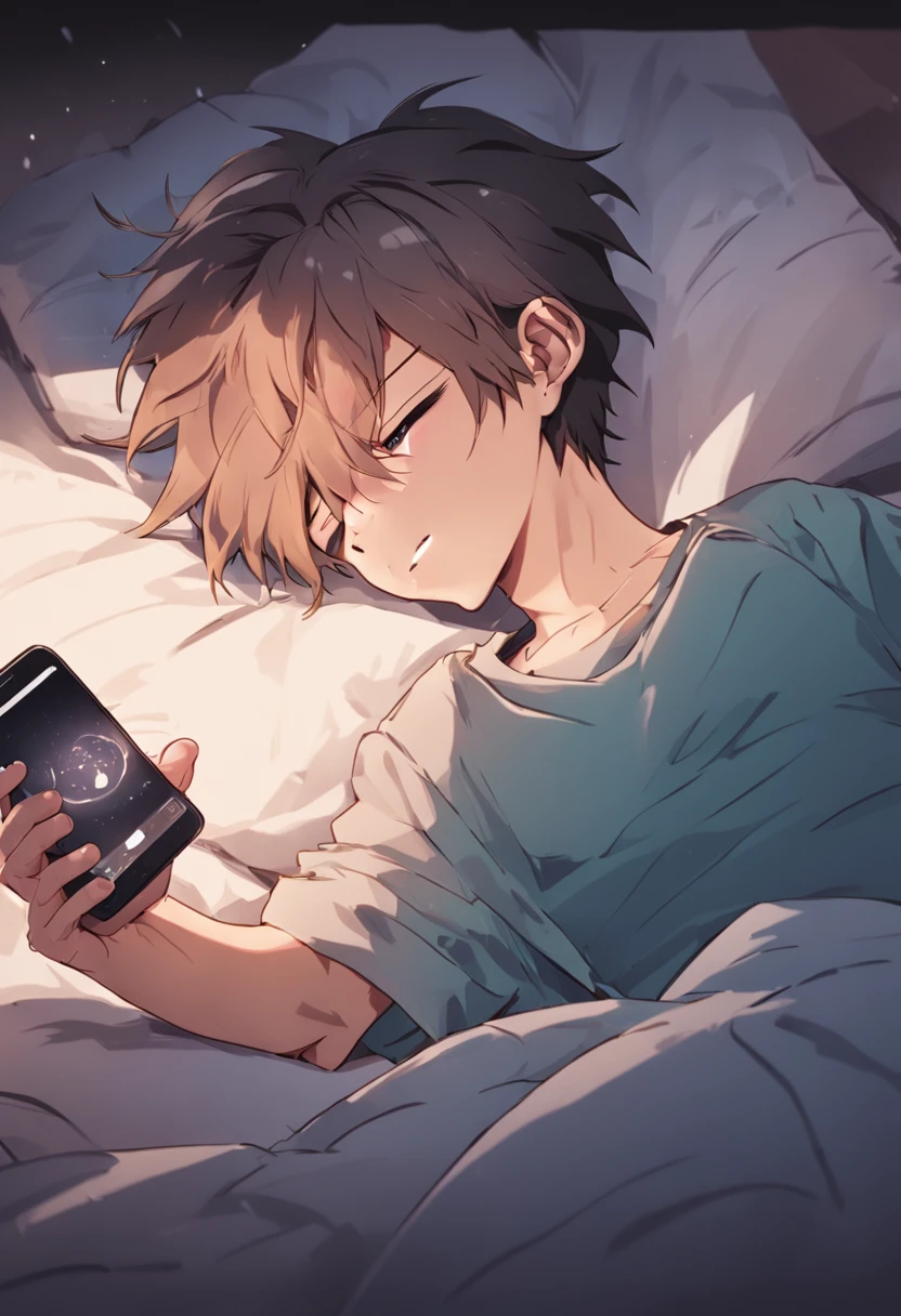 At the end of the bed there was a young man lying on a pillow looking at his mobile phone。, Lie down in bed,Put his hand under his head,Sleepy expression, relaxing after a hard day, Listen to music at 2 a.m, resting after a hard fight, Lie down in bed,Highly faded hairstyle, White shirt, Handsome, Cool