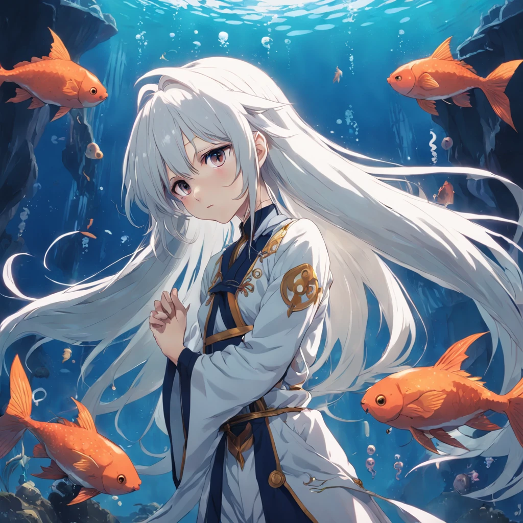 Anime antique,Libido boy,long whitr hair,White hair,Underwater,There are fish。