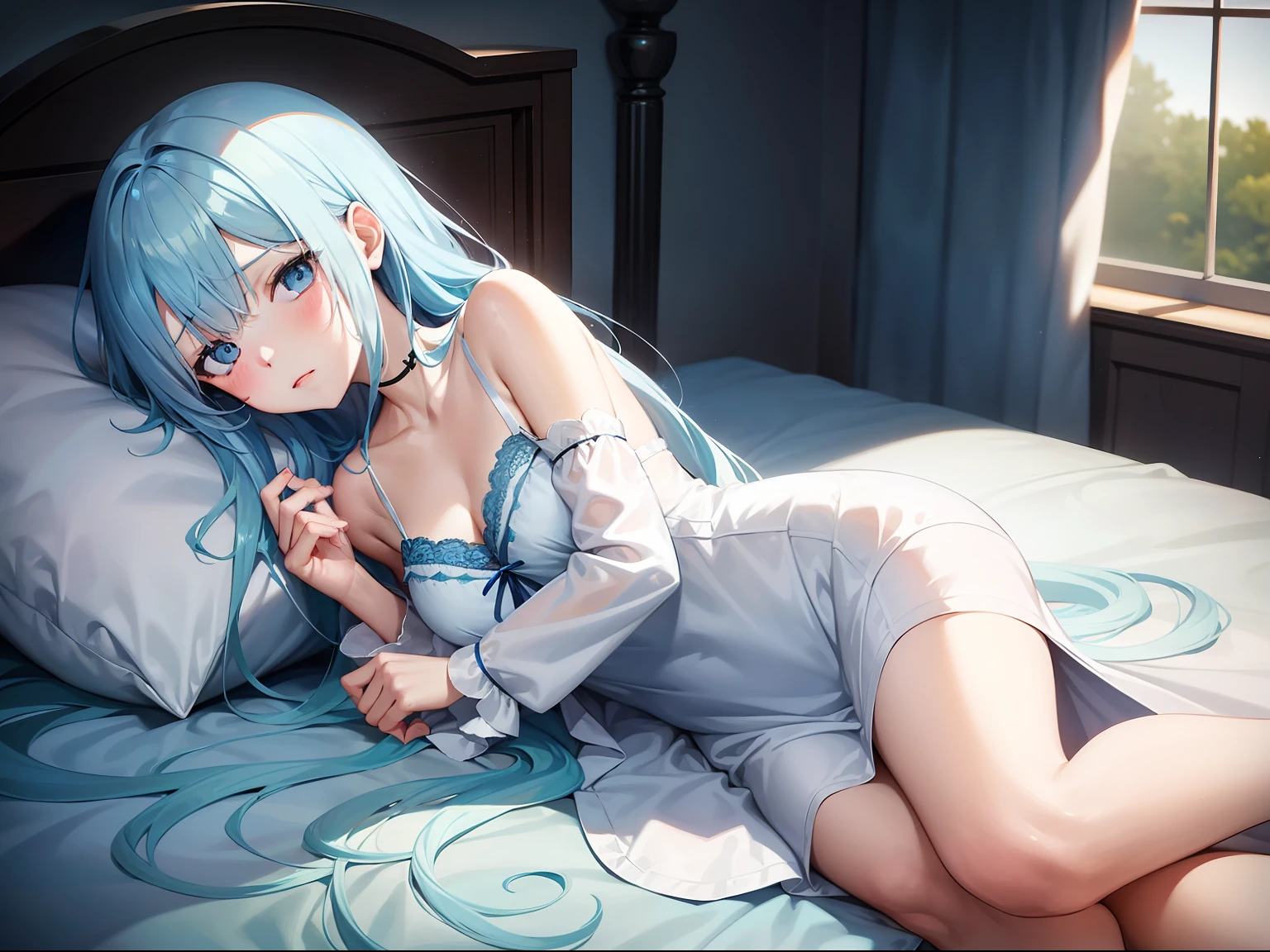 A girl with long light blue hair,Wear a nightgown,Lying half-conscious on the bed,A sad expression,Inside a dimly lit room
