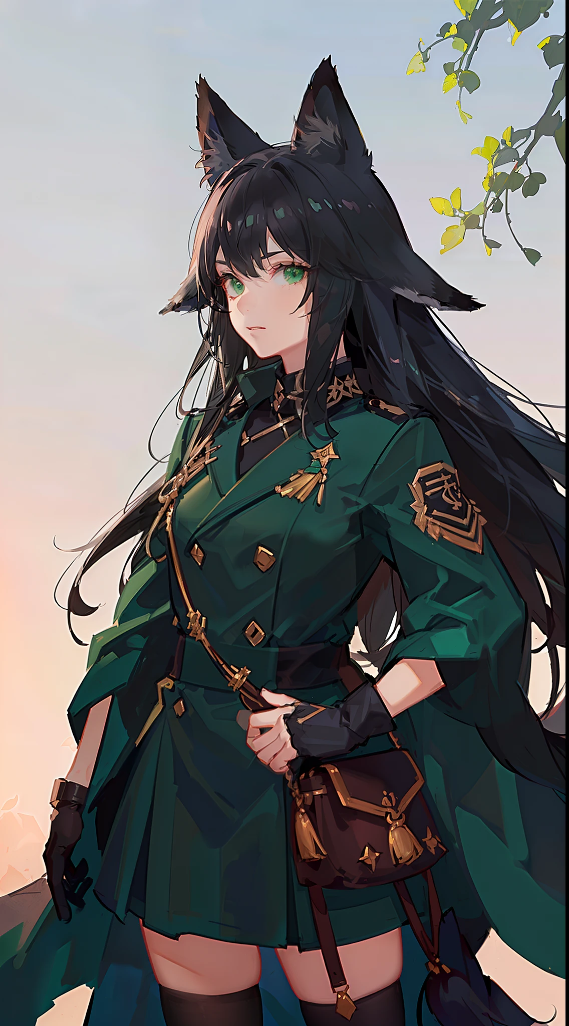adult man, Long black hair, Fox ears, Green eyes, Black general's uniform, Masterpiece, hiquality