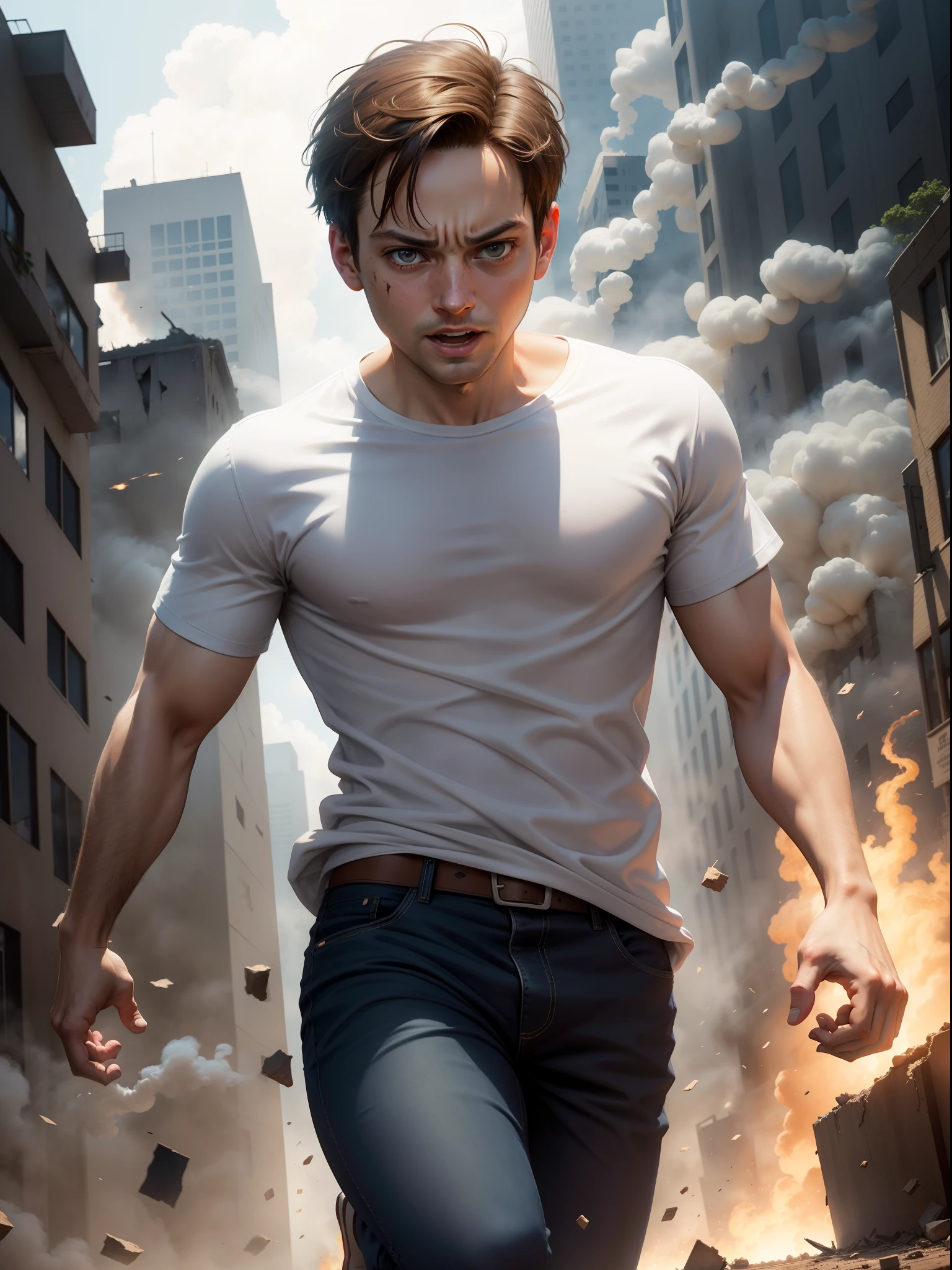 Tobey Maguire dressed in plain white t-shirt, jumping charismaticly like spiderman, explosions, destroyed buildings collapsed, rising smoke, realistic, photography