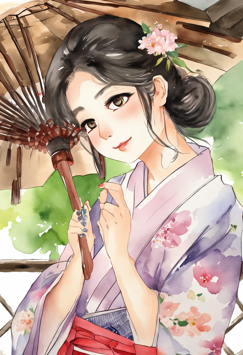 In a Japanese house、Sitting on the porch、Holding a fan in your hand Fan、Wearing a yukata、Feel the evening breeze,Spend a cool time、Girl with glasses。outside of house