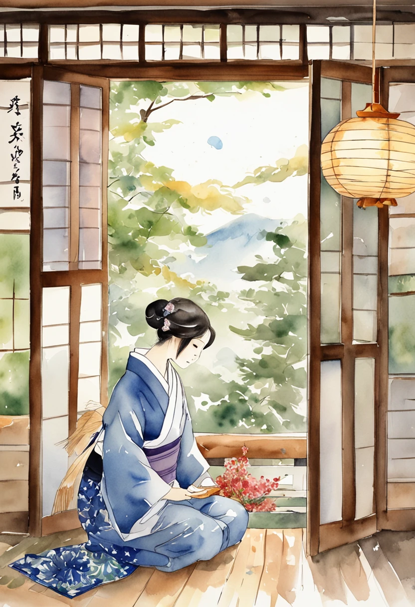 In a Japanese house、Sitting on the porch、Holding a fan in your hand　Fan、Wearing a yukata、Feel the evening breeze，Spend a cool time、Girl with glasses。outside of house