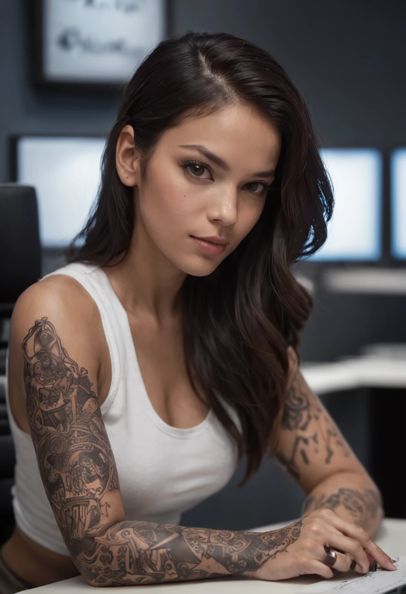 There is a woman sitting in front of a keyboard with a tattoo on her arm, arte promocional, Fanart, Martin Ansin, Retrato da obra, imagem promocional, Arte da sede, arte promocional, Fanart, Album art, arte oficial, arte chave, arte promocional, Siswave, artista digital, Ashtelos, futurismo afro, Jen Bartel, tecladista, mistura