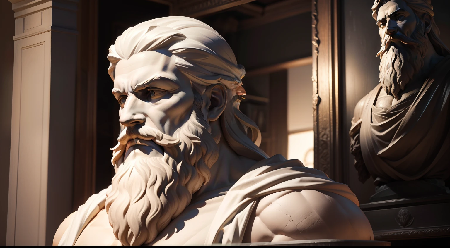 "(8k) Greek realist philosopher statue with beard and muscles, em um fundo escuro"