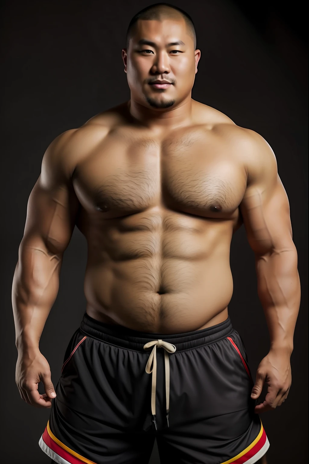 A Mongolian man poses for a group photo wearing sports shorts, mongol，bald-headed，Thick body hair，mid-shot of a hunky, Strong masculine characteristics, sexy muscular body, partially male hairy torso,masculine and strong，sexy muscular upper body,Fat belly,light tan skin, robust stocky body, beefy, belly button showing, half man half asian black bear, potbelly, dad bod, half man half asian black bull,