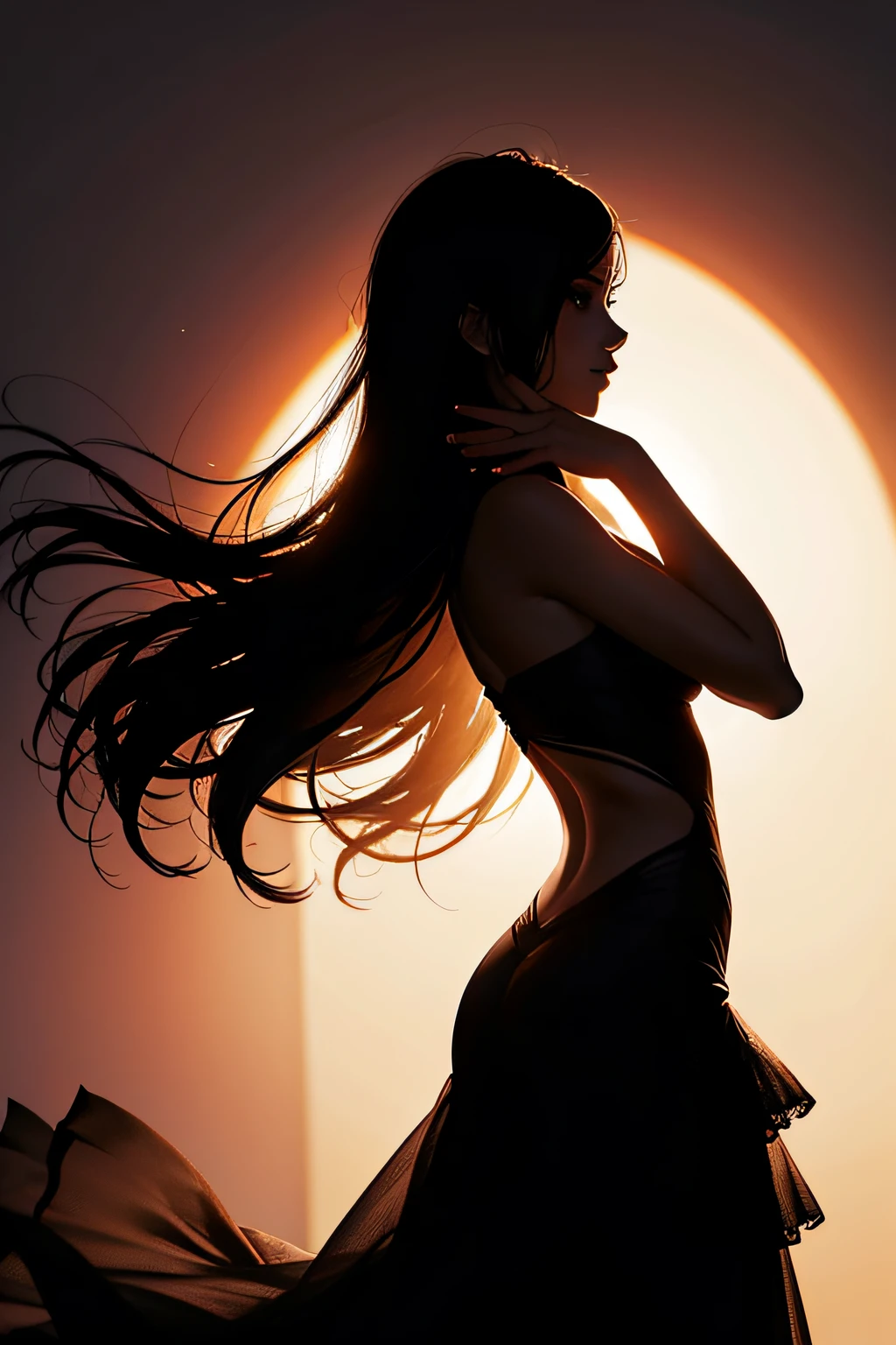 Dancing woman in silhouette、Perfect style、Contre-Jour,With strobe lighting、Dramatic shadows and highlights、Create an image with a sense of depth and three-dimensionality,1womanl,surrealism