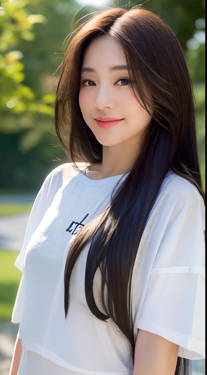 ((top-quality、8K、masterpiece:1.3))、foco nítido:1.2、Beautiful woman with perfect body shape:1.4、Slender Abs:1.2、(Long haircut、Layer Hair、Shapely:1.8)、(Oversized T-shirt:2.0)、(stroll:1.8)、(white walls:1.2)、Highly detailed facial and skin texture、A detailed eye、二重まぶた、A slight smil、Bokeh、Korean Beauty、Eye of the cut、Pose with hair pulled up